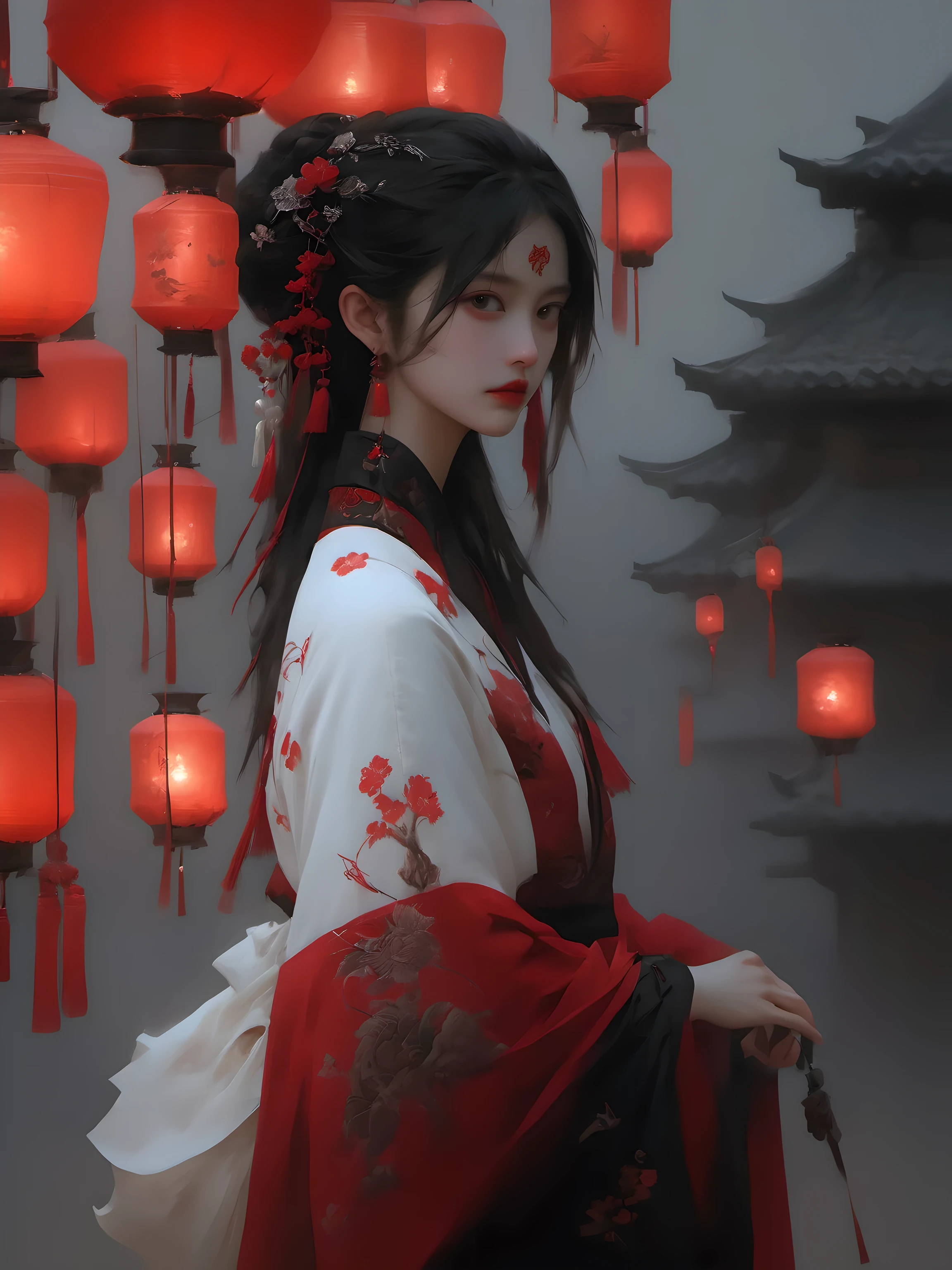 (dramatic, gritty, intense:1.4),masterpiece, best quality, 32k uhd, insane details, intricate details, hyperdetailed, hyper quality, high detail, ultra detailed, Masterpiece,
Epic CG masterpiece, yssk's new concept, this female is dressed in Hanfu and holding a red lantern, in the style of nick alm, necronomicon illustrations, hyper-realistic portraits, xiaofei yue, uniformly staged images, flat yet expressive, goth
1girl, (full body:1.5),
 