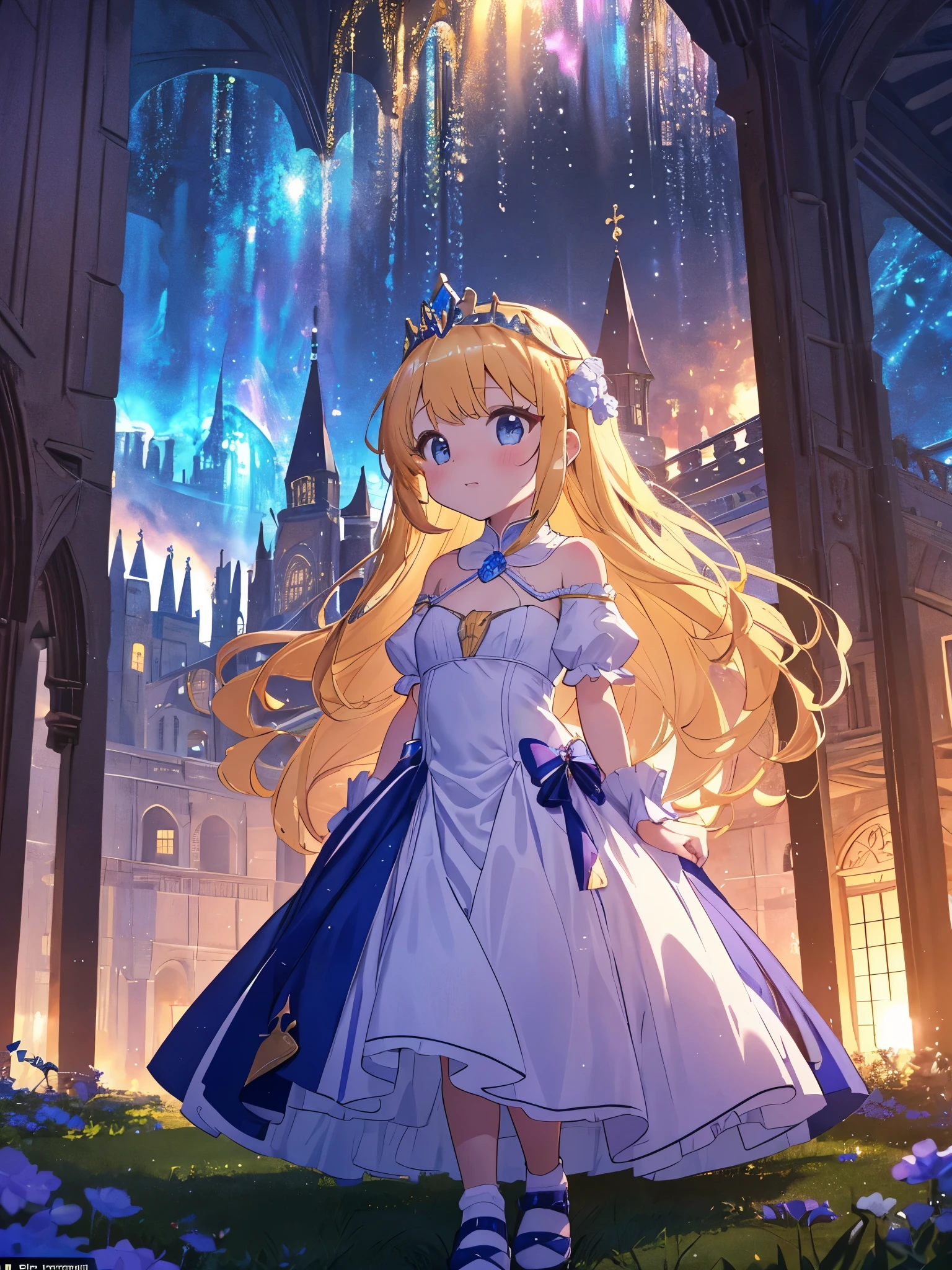 Western castle (very beautiful scenery, fantastic atmosphere, many soldiers in formal clothes), 3 girls (2 years old), princess dress (stylish, cute, flashy hair ornament, princess tiara), (short arms) : 1 person) (Children: 1 person) 1 and a half years old), round face, children's sports shoes (fashionable), (child: 1 and a half years old), (baby face: 1 and a half years old)), fantastic atmosphere, small breasts , blonde, with very long hair tied on her head (Hair, Surface Effects, Color Effects) Three girls are in front of a castle, looking up at the castle in beautiful dresses, many soldiers are looking up at the girls. Welcoming you Deltamon