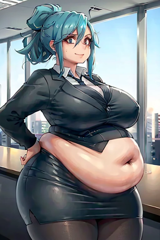 1girl, aqua blue hair, hair up, blue eyes, black pencil skirt, dress shirt, black tights, happy expression, (plump), fancy office background with lots of windows (best quality, masterpiece)