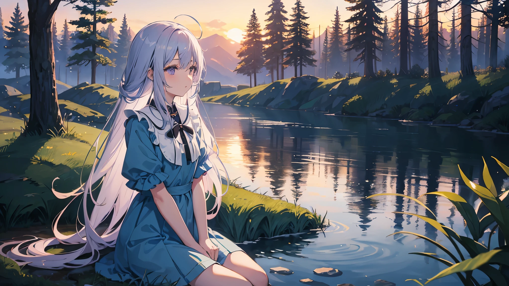 sunset, Dark colors, Anime Girl, light blue dress, white with a shade of light purple long hair, sitting by the river, forest, nature, current, the grass glows blue.