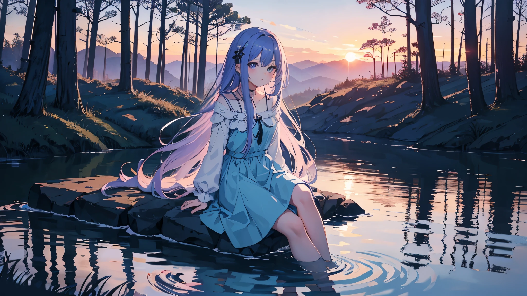 sunset, Dark colors, Anime Girl, light blue dress, white with a shade of light purple long hair, sitting by the river, forest, nature, current, the grass glows blue.
