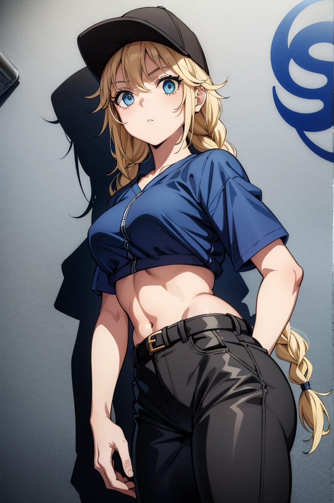 a woman in uniform holding a baseball cap from underneath a skirt by the back of the neck, 1girl, solo, blonde hair, blue eyes, hat, long hair, breasts, navel, baseball cap, braid, looking at viewer, shorts, jewelry, black headwear, lips, sweat, medium breasts, parted lips