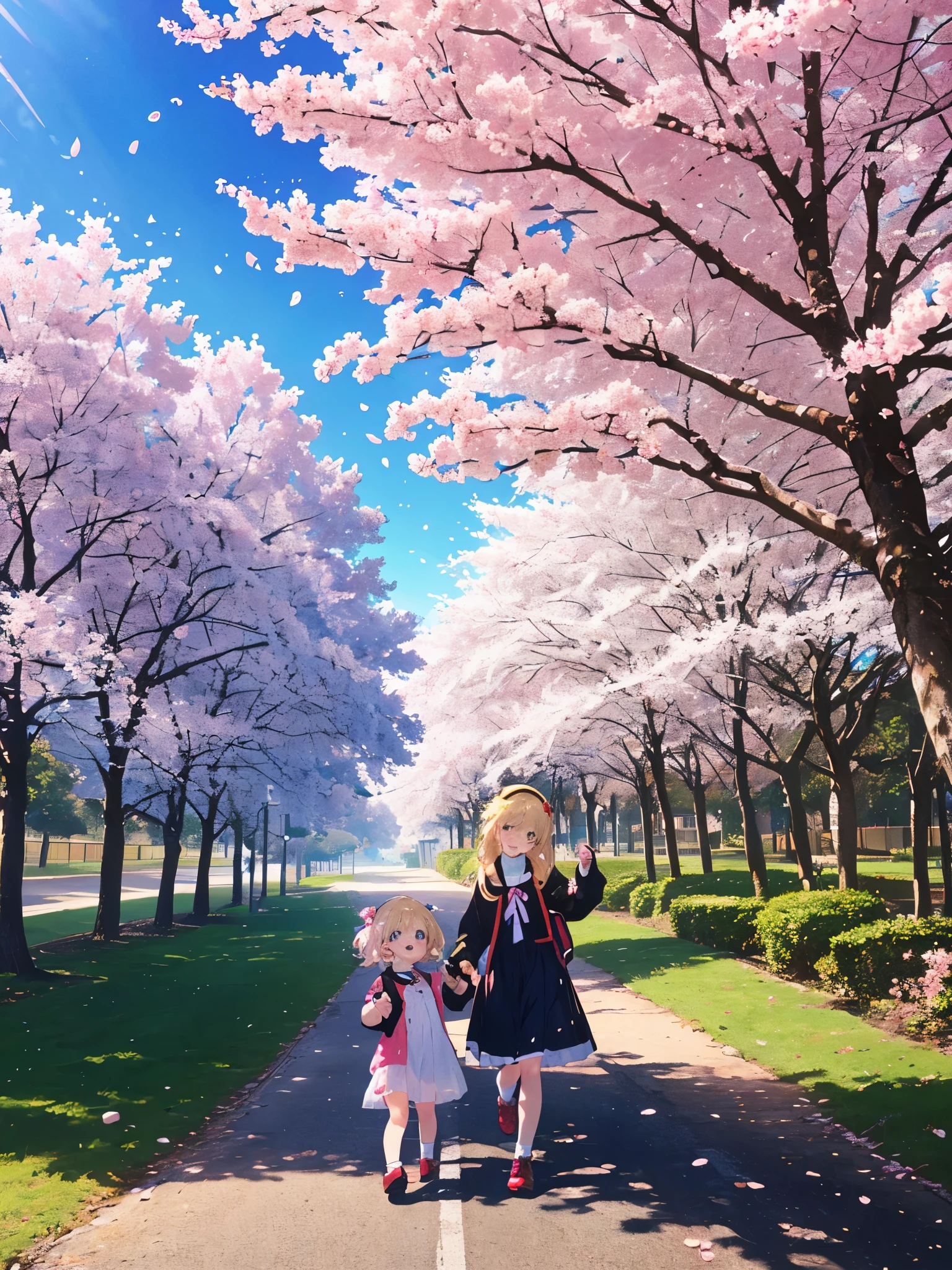 A row of cherry blossom trees (very fantastic scenery, petals dancing, petals all over the ground), 3 girls (2 years old), super cute clothes for going out (girls' underwear), (short arms: 1 and a half years old), round face, ( Cute clothes, (take off))), children's shoes (for going out, stylish, flashy), (child: 1 and a half years old), (baby face: 1.4))), sunlight, poverty Chest, blonde hair, super long hair, head Hair tied up, surface effect, color effect) Three girls are standing in the middle of a road lined with cherry blossom trees, the girls are moved by the beautiful scenery, and they are holding a camera to photograph the cherry blossoms.,deltamon