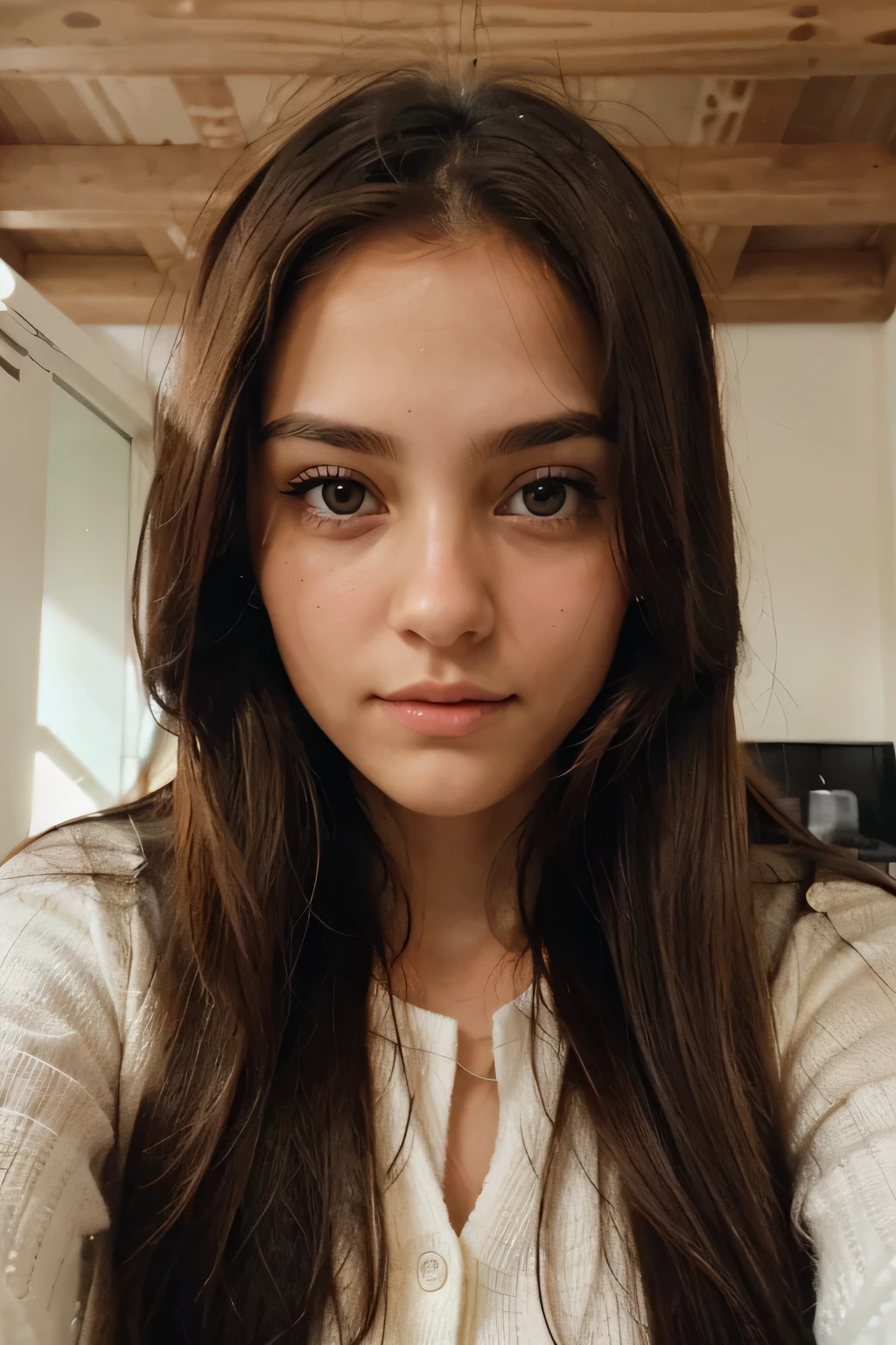 create a picture of a beautiful girl with a very symmetrical face. she has brown eyes and brown, long hair. she looks directly at the camera and the photo is very close, so you can only see her face. she takes the photo with the inner camera of her cellphone