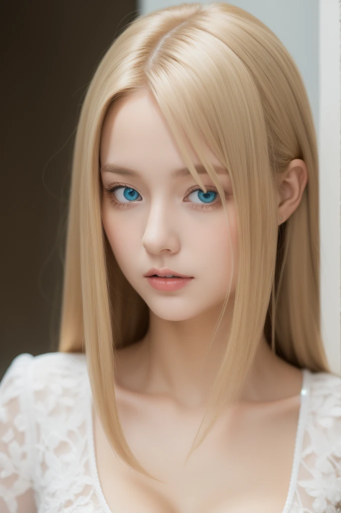 Full body photo，A woman of beauty in a fantastic space, Tight micro dress white and gold color, 98k, {{Masterpiece}}, Best quality, High quality:1.4), onbed，{{[[front look}}, Photo pose)]], very pretty look face, and very pretty eyes, cute images, cute images, {{Expose the lateral breasts}},, {{{{slim sexy body}}}}, {{{{{{Tall woman}}}}}}, {{177 cm tall}}, solo, upper legs, Lovely, Adorable, Pale skin, {{18to 22 years old German girl}}, look beautiful German girl and blue eyes or green eyes with platinum blonde hair color), Nordic German young girl, {{{{{{{{{{cleavage}}}}}}}}}},