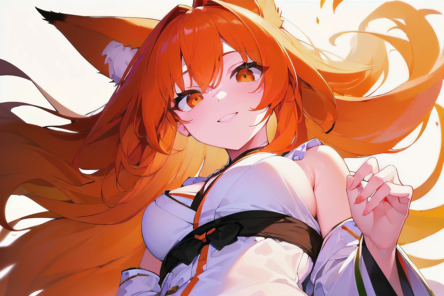 [(WHITE BACKGROUND:1.5),::5], ((((masterpiece)))), high quality, very_high_resolution, large_filesize, full color, breasts, from_below, focus on eyes, girl, woman, female, young, 20 years old, long hair, big hair, orange hair, light smile, fox_ears, (orange eyes), japanese_clothes,