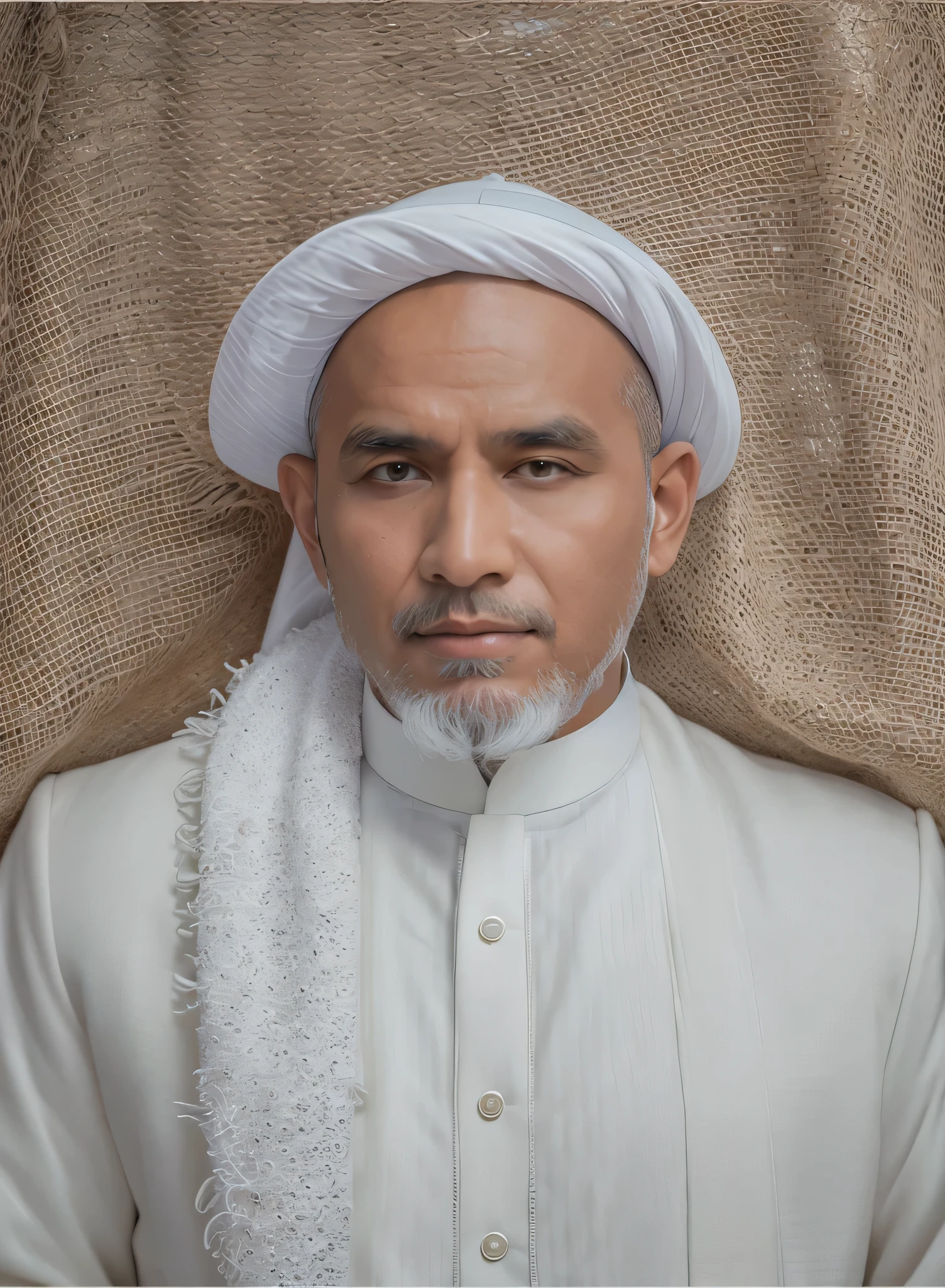 Very realistic portrait of a Muslim cleric wearing all white clothes