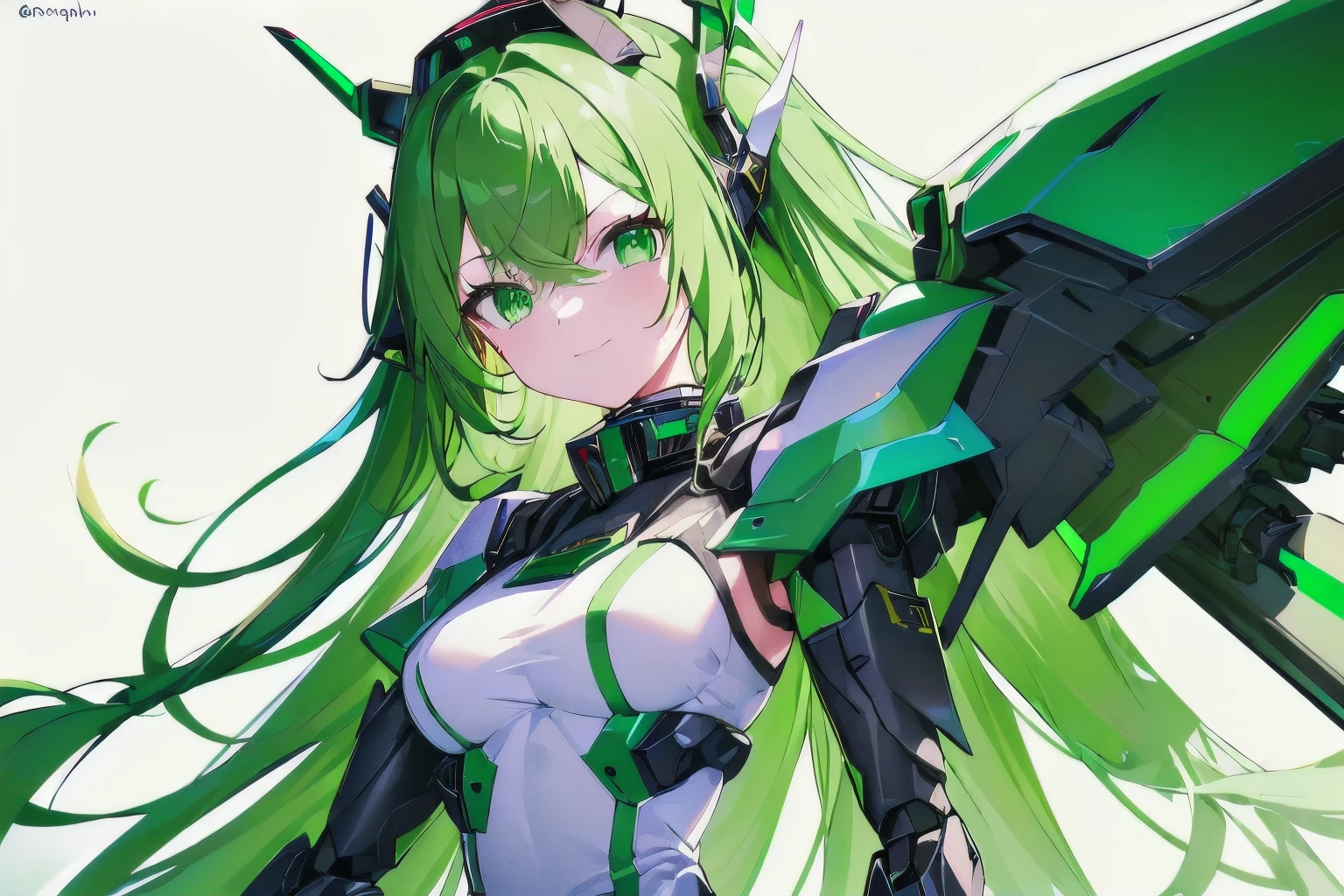 [(WHITE BACKGROUND:1.5),::5] masterpiece, absurdres, best quality, best aesthetic, upperbody, 1girl, solo, Green hair, long hair, Green eyes, (slant eyes), science fiction, (mecha musume:1.5), mechanical parts, headgear, doragon mechanical wings, ((mechanical Black dragon Armor)), Evil smile face, (neon light green), Below the knee to upper body, 