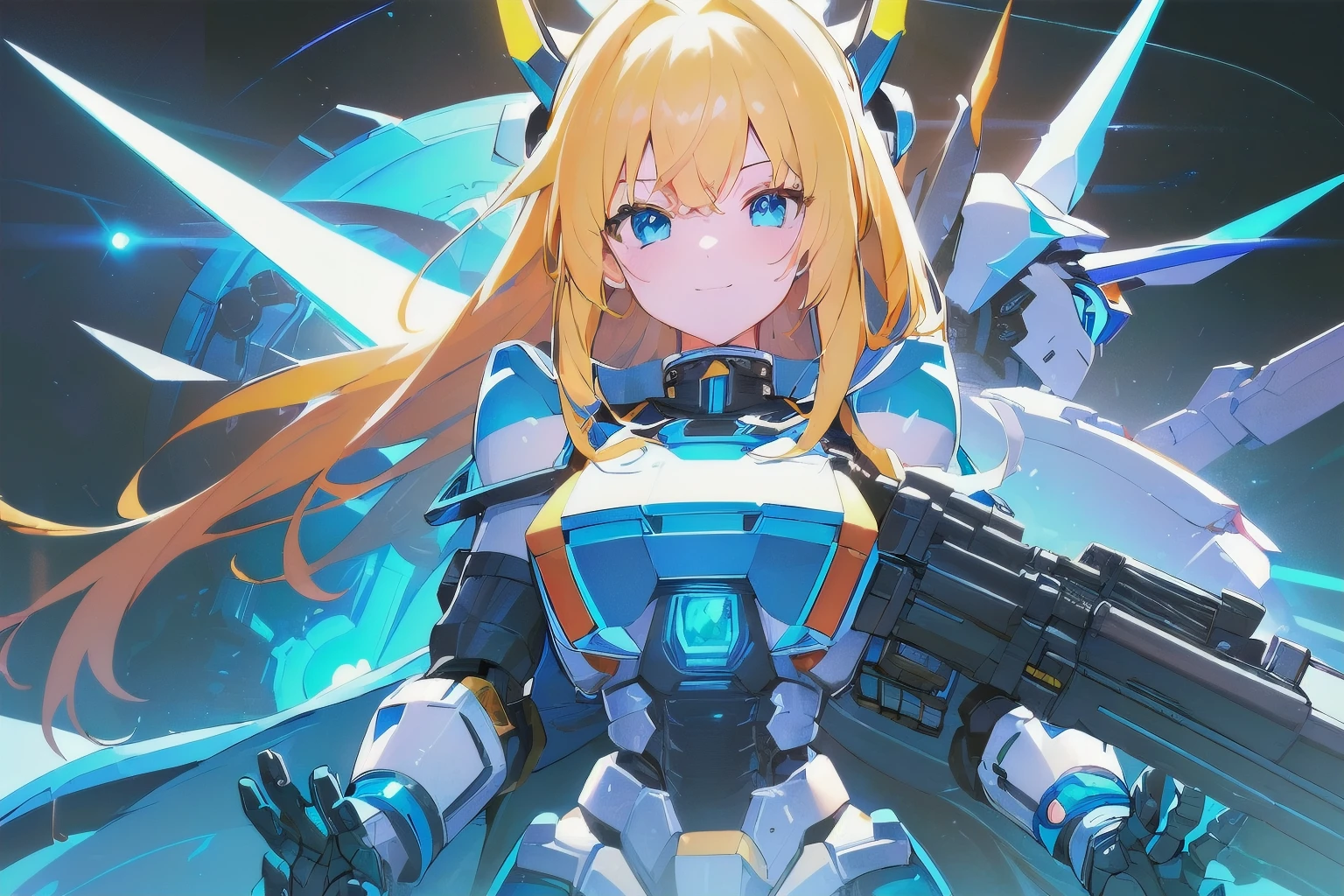 [(WHITE BACKGROUND:1.5),::5], masterpiece, absurdres, best quality, best aesthetic, ultra detailed, 1girl, solo, yellow hair, long hair, blue eyes, science fiction, (mecha musume:1.4), mechanical parts, headgear, v-fin, mechanical wing, mechanical Armor, smile face, ((neon light blue)), Below the knee to upper body