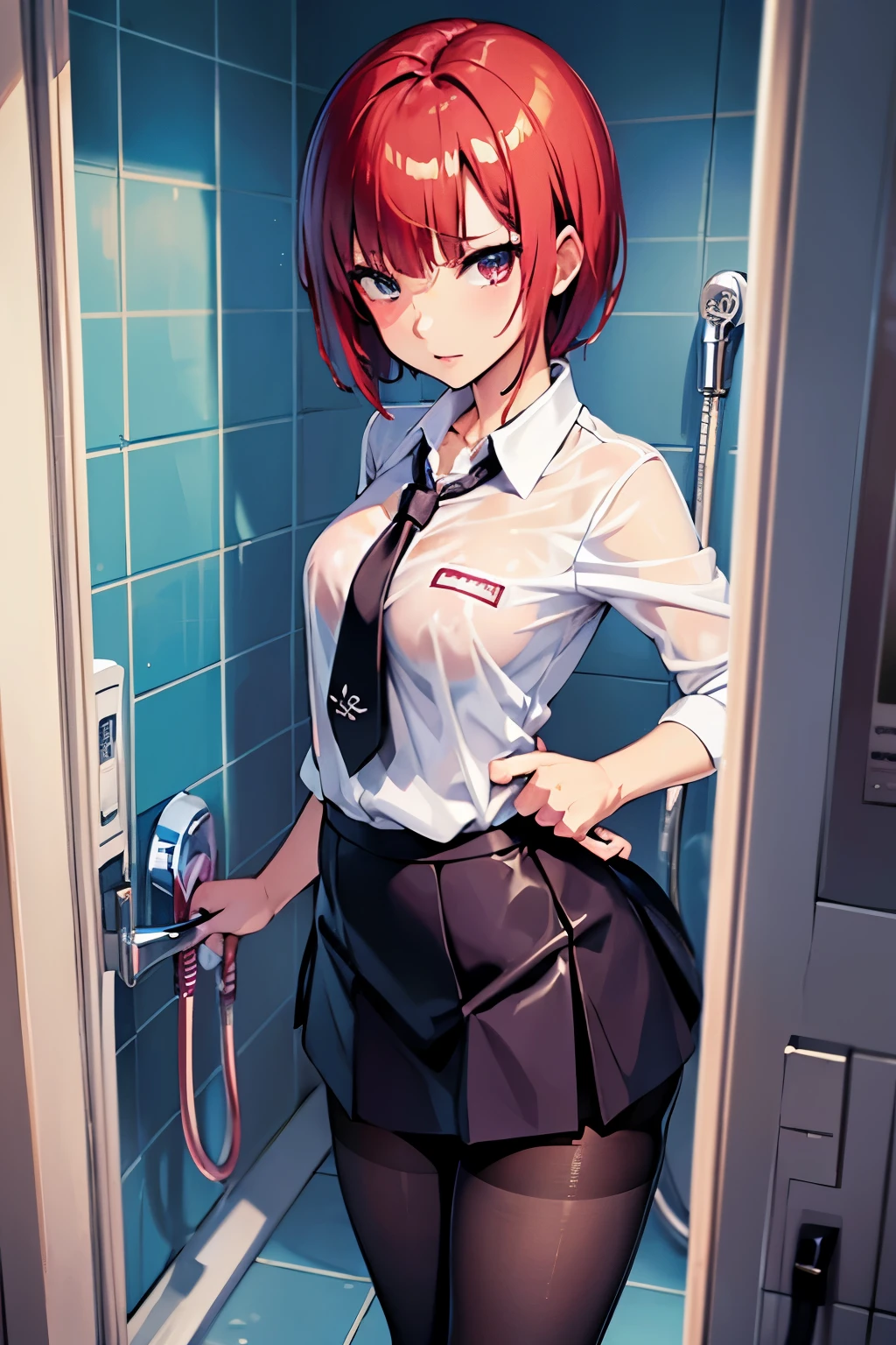 Rio, Super Blackjack、Red Hair、Short Hair、((school uniform))、((pantyhose))、mini skirt、Photo from below、Medium chest、((shower room))、Rio・デ・カーニバル、((Get wet all over))