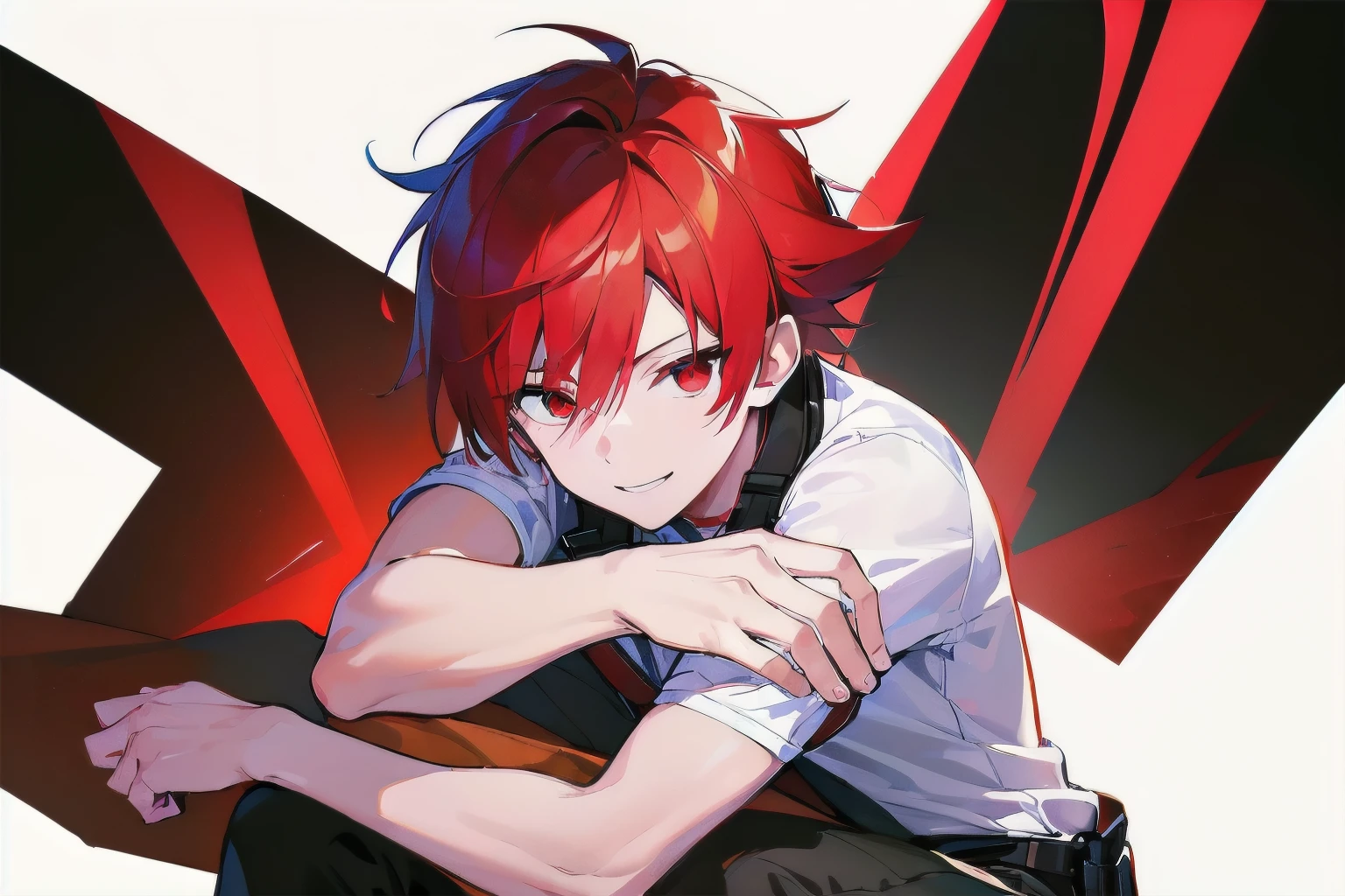 [(WHITE BACKGROUND:1.5),::5], ((((masterpiece)))), high quality, very_high_resolution, large_filesize, full color, ((boy)), , short red hair, vivid color, red eye, civilian clothes, anime, smile, Below the knee to upper body, (Blaze effect:1.3)