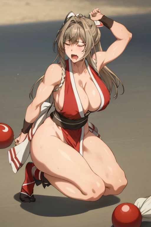 masterpiece, best quality, beautiful art, high resolution, well formed hands, body and fingers, 1 woman, solo, Sento Isuzu, adult, big breasted, cleavage, full body, long hair, hair ornament, cosplaying as Mai Shiranui, gorgeous legs and thighs,  ryona , in peril, she is being beaten up by her opponent, she is knocked down and she is slapped in the face and being slammed against the floor, receiving the impact of her opponent's attacks, closed eyes, screaming in pain and agony, ryona and perilous scene, bouncing breasts, weak and helpless, martial arts tournament on the beach 