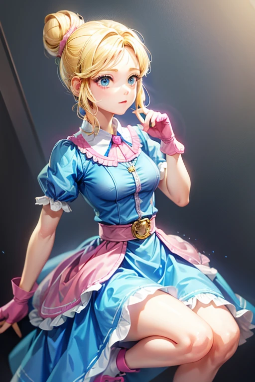 piperBS, 1girl, blonde hair, hair bun, blue dress, puffy sleeves, short sleeves, pink gloves, fingerless gloves, pink belt, shoes, blue footwear