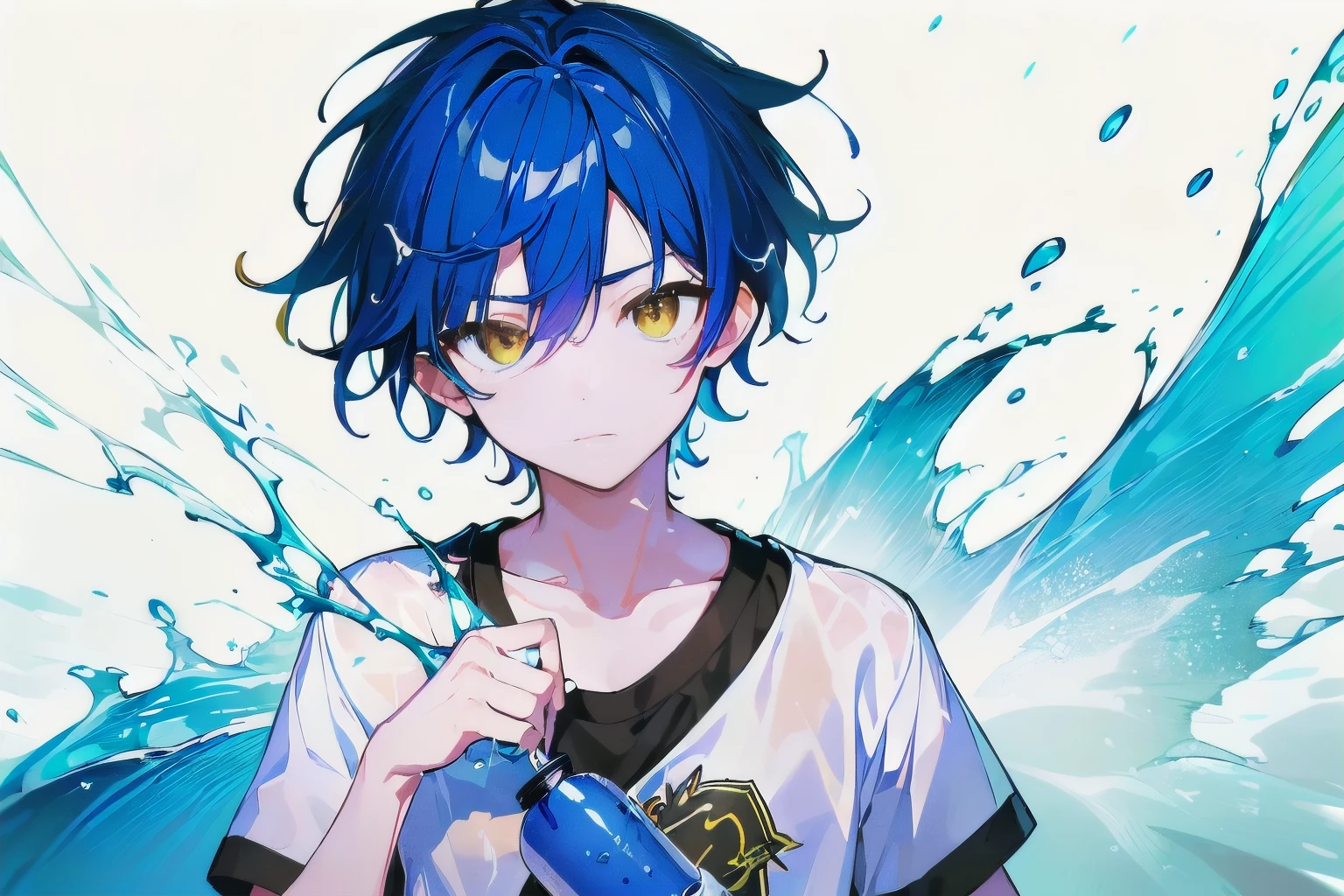 [(WHITE BACKGROUND:1.5),::5], ((((masterpiece)))), high quality, very_high_resolution, large_filesize, full color, ((younger boy)), , short deepblue hair, vivid color, ((yellow eye)), civilian clothes white, anime, Below the knee to upper body, (Soda Splash effect:1.3)
