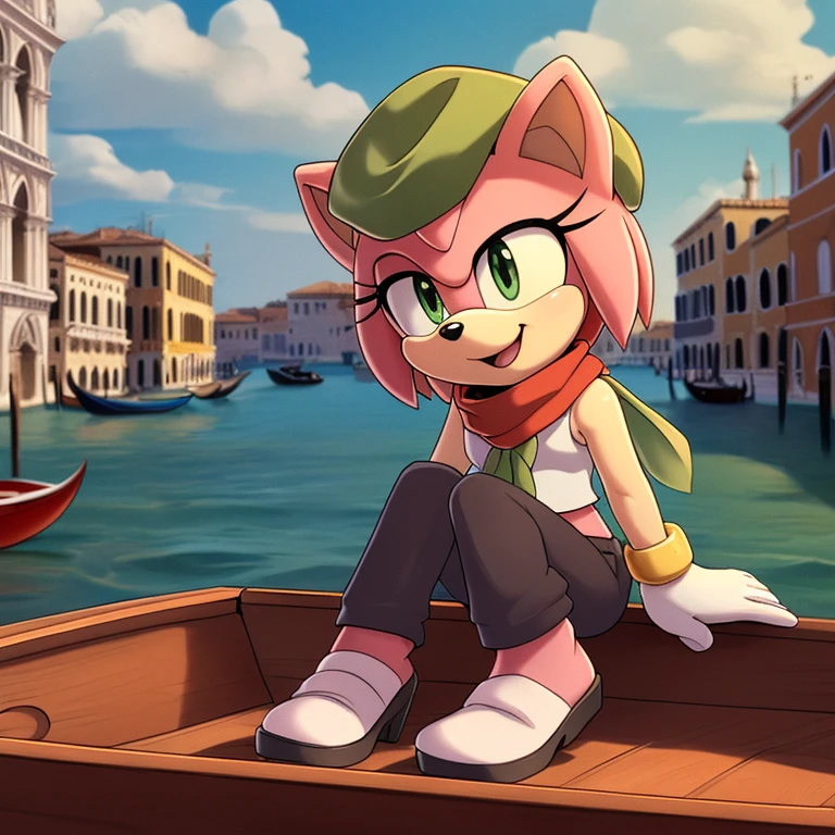 (Amy rose), full-length portrait, , (masterpiece, 4K) ((glistening body)) excellent quality, intricate detail, smooth lighting, 4k quality, ultra-detailed, subsurface scattering, ambient light, sharp focus, ((Italian hat, white beret, pantaloni pants, white pants, red maglione shirt)) ((expressive eyes, eyes shading)) ((Venice background, River, boats, bridge of rock, white gloves)) (border, sega, mammal, eulipotyphlan, white_border, tanlines, pink_body, solo, cub, youjomodoki, anthro,(green_eyes), full body, (face and bottom Focus, open smiles, expressive face), female, cream_fur, multicolored fur, ((sunny day, clouds, clouds shading)), ((sitting in boat)), Italy background, red hairband, red scarf