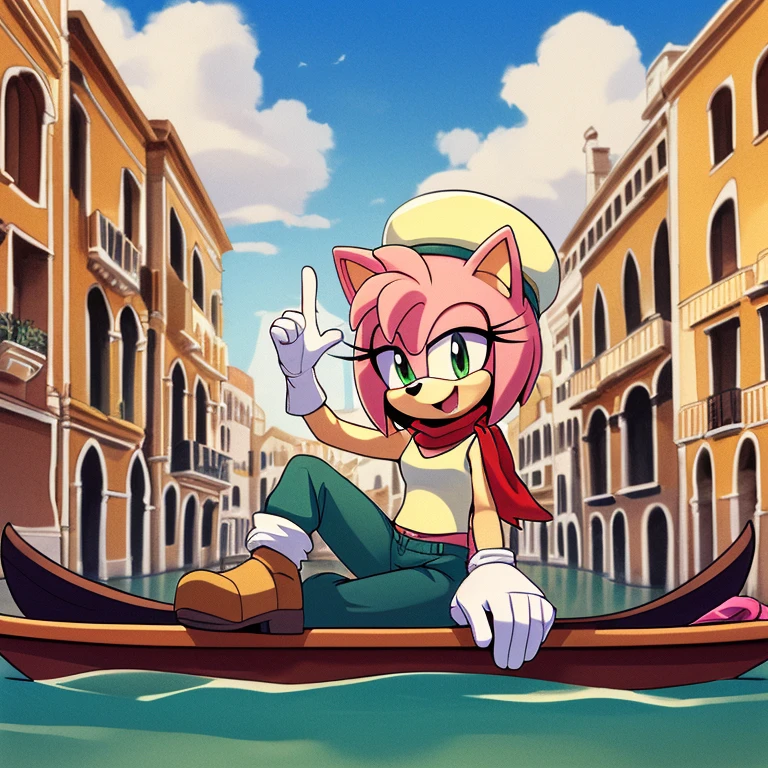 (Amy rose), full-length portrait, , (masterpiece, 4K) ((glistening body)) excellent quality, intricate detail, smooth lighting, 4k quality, ultra-detailed, subsurface scattering, ambient light, sharp focus, ((Italian hat, white beret, pantaloni pants, white pants, red maglione shirt)) ((expressive eyes, eyes shading)) ((Venice background, River, boats, bridge of rock, white gloves)) (border, sega, mammal, eulipotyphlan, white_border, tanlines, pink_body, solo, cub, youjomodoki, anthro,(green_eyes), full body, (face and bottom Focus, open smiles, expressive face), female, cream_fur, multicolored fur, ((sunny day, clouds, clouds shading)), ((sitting in boat)), Italy background, red hairband, red scarf