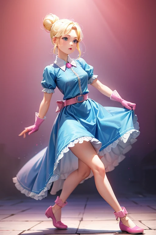 piperBS, 1girl, blonde hair, hair bun, blue dress, puffy sleeves, short sleeves, pink gloves, fingerless gloves, pink belt, shoes, blue footwear