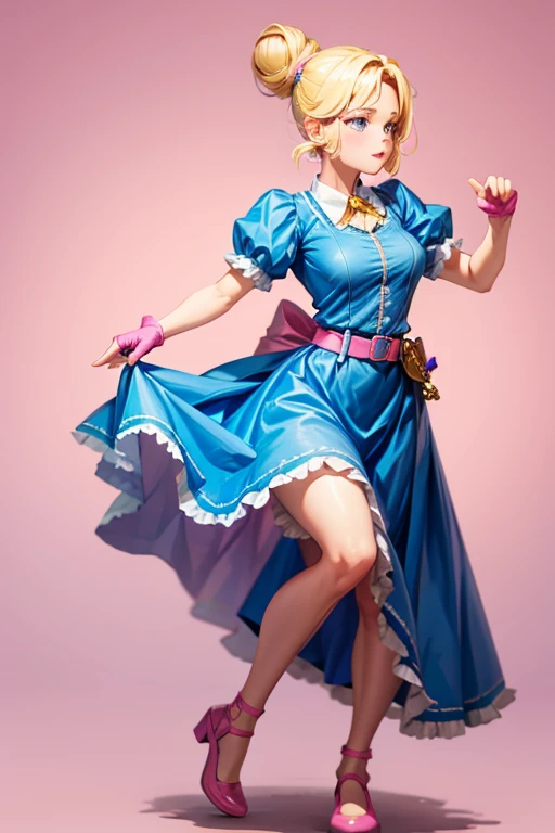 piperBS, 1girl, blonde hair, hair bun, blue dress, puffy sleeves, short sleeves, pink gloves, fingerless gloves, pink belt, shoes, blue footwear