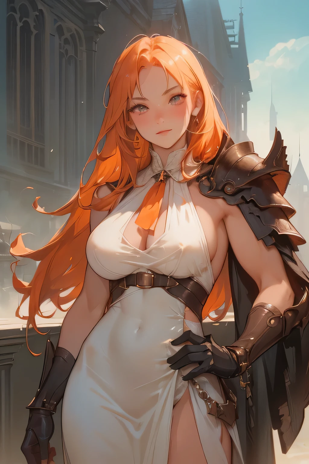 beautiful woman, orange eyes, (blush your nose), fine eyes, cinematic, paint:Greg Rutkowski, Yoji Shinkawa: 0.6 long curly orange hair, defined body, Wearing detailed Victorian-era armor (((Super strong)), masterpiece, highest quality, super detailed, ground, destroyed city background, Shadow, contrast, gray sky, style (look at the audience: 1.2) (skin texture) (film grain: 1.3), ultra high resolution, octane rendering, 16k, Leather eye patch, Muscle Shape, muscular, muscular woman, 30 years old, white dress, perfect muscular body, strong, muscles on her stomach, strong body, muscular arms, smile,