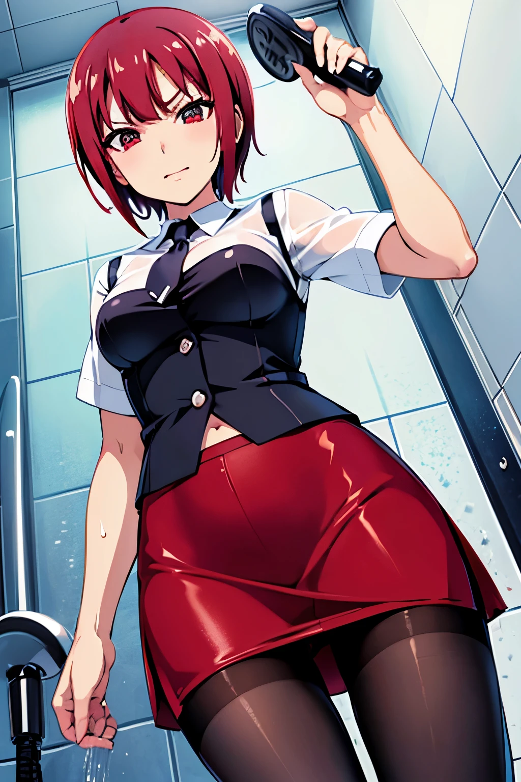 Rio, Super Blackjack、Red Hair、Short Hair、((blouse))、((pantyhose))、mini skirt、Photo from below、Medium chest、((shower room))、Rio・デ・カーニバル、((Get wet all over))