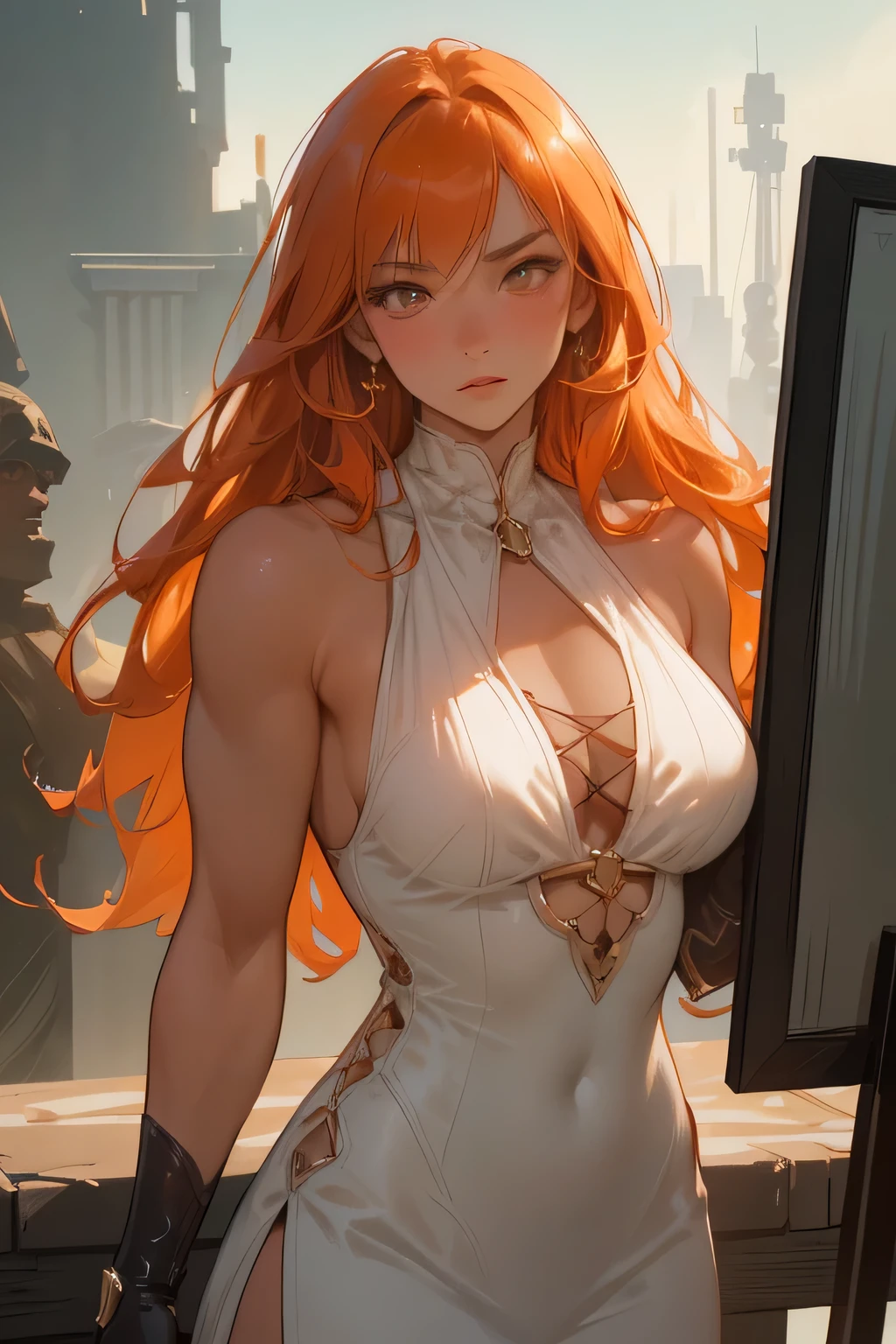beautiful woman, orange eyes, (blush your nose), fine eyes, cinematic, paint:Greg Rutkowski, Yoji Shinkawa: 0.6 long curly orange hair, defined body, Wearing detailed Victorian-era armor (((Super strong)), masterpiece, highest quality, super detailed, ground, destroyed city background, Shadow, contrast, gray sky, style (look at the audience: 1.2) (skin texture) (film grain: 1.3), ultra high resolution, octane rendering, 16k, Leather eye patch, Muscle Shape, muscular, muscular woman, 30 years old, white dress, perfect muscular body, strong, muscles on her stomach, strong body, muscular arms