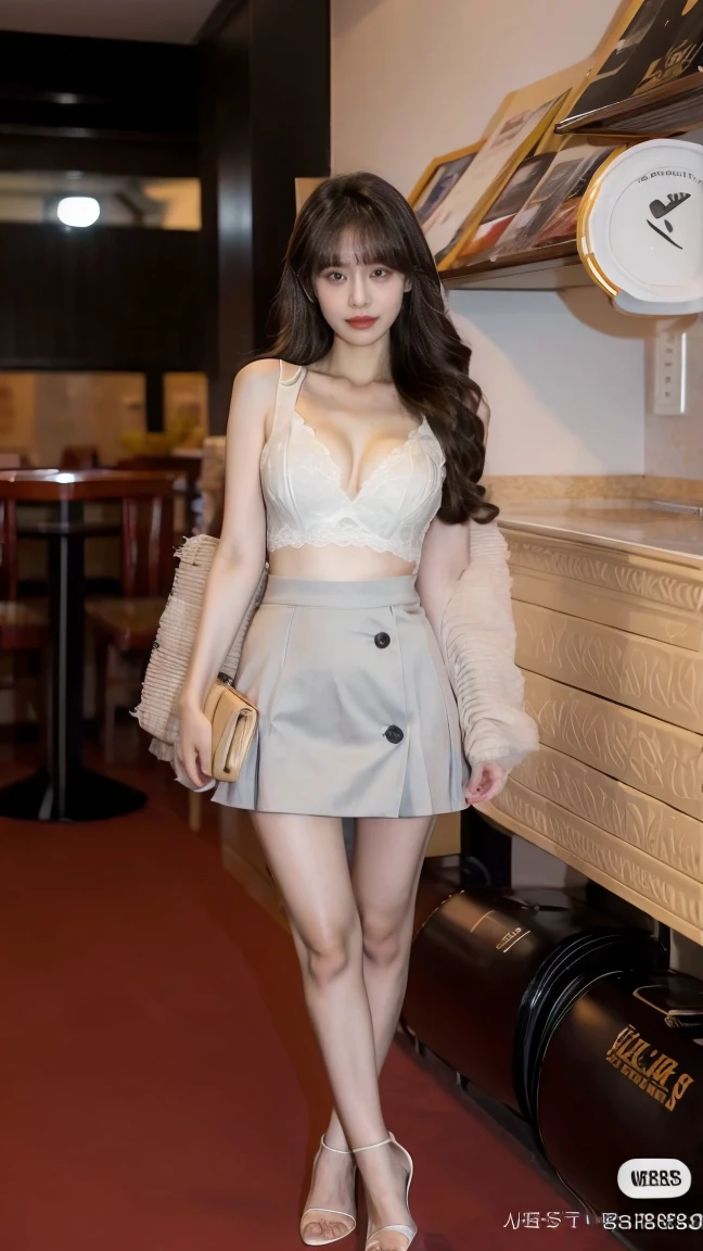masterpiece, high quality, best quality, beautiful, hd, perfect lighting, detailed face, detailed body, 1 girl, solo, (long gray hair), brown eyes, medium breasts, ((white underwear)), ((short gray skirt)), (gray hat), in front of a cafe,