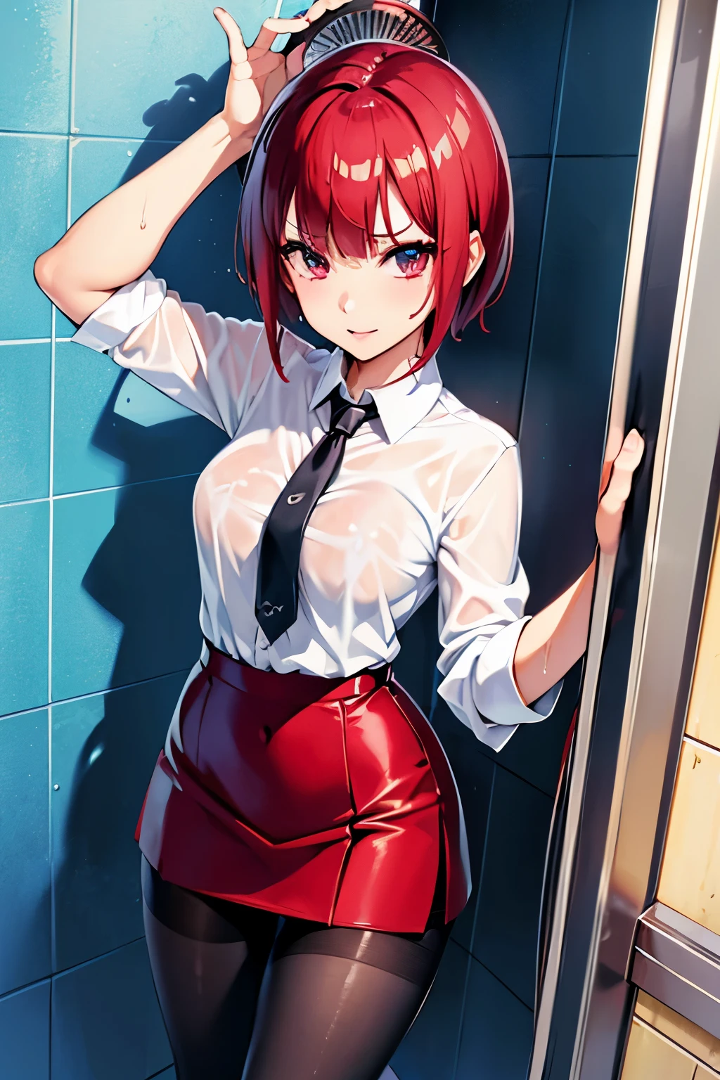 Rio, Super Blackjack、Red Hair、Short Hair、((blouse))、((pantyhose))、mini skirt、Photo from below、Medium chest、((shower room))、Rio・デ・カーニバル、((Get wet all over))