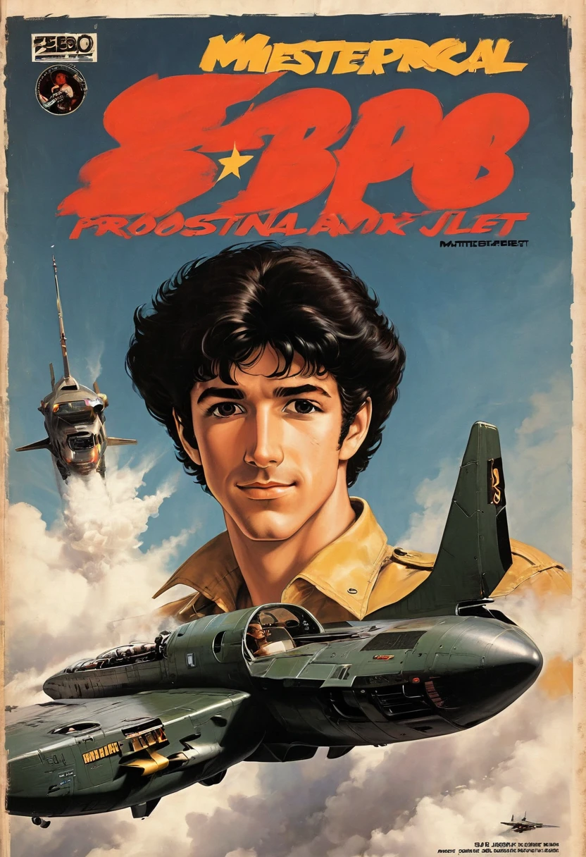 boy, Spike Spiegel, Cowboy Bebop, brown eyes, smile, black hair, Sitting in a fighter jet, retro vintage comic style, 1990s style, (masterpiece, best quality, Professional, perfect composition, very aesthetic, absurdres, ultra-detailed, intricate details:1.3)