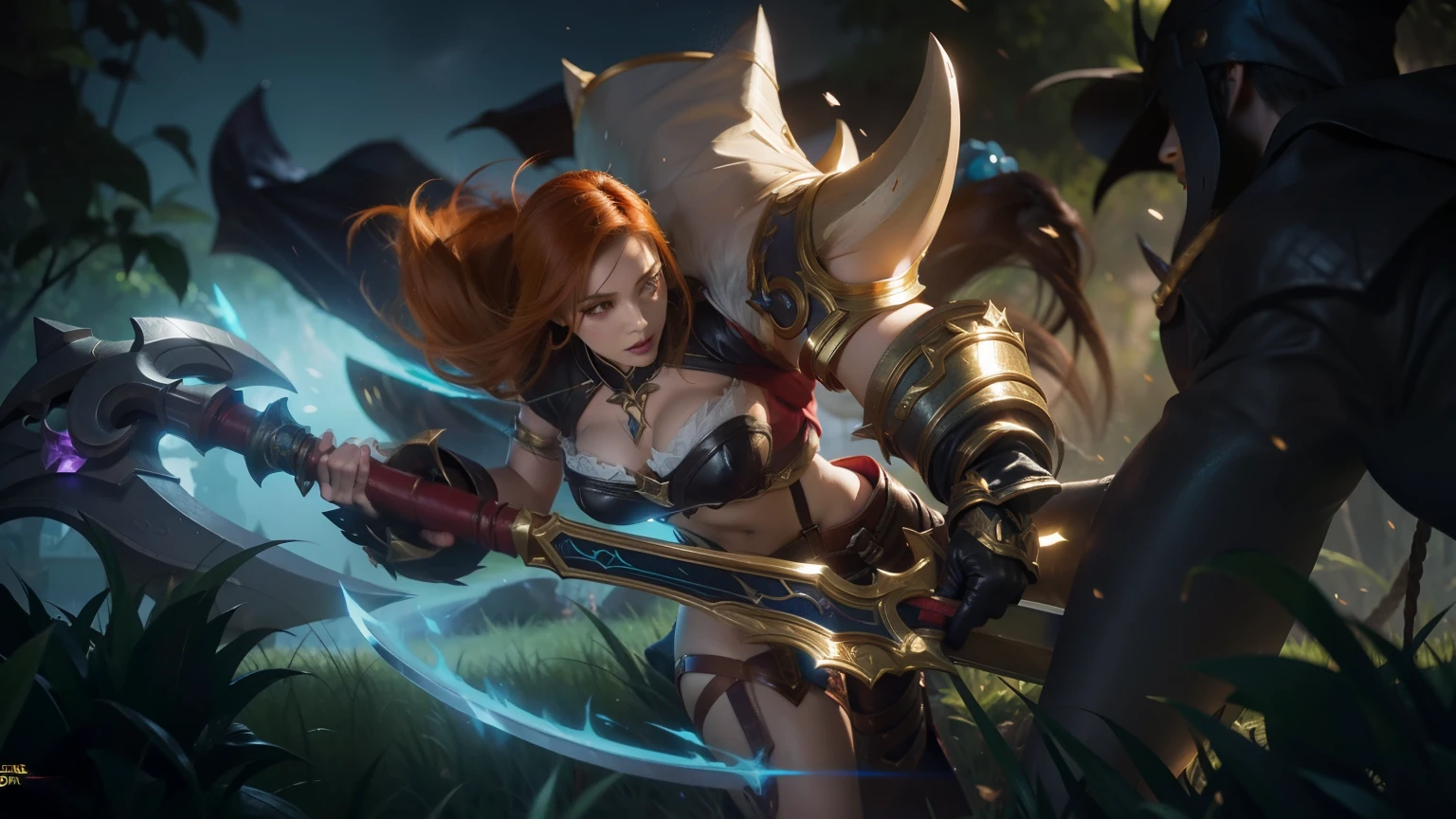 1girl, bangs, breathing fire, burning, burnt clothes, embers, ahoge, beige hair, multicolored hair, fire, flame, flaming sword, (hand on hilt), standing, long hair,  pyrokinesis, expressionless, smoke, flower(symbol),  solo, sparks, sunset, twilight, white flower, molten rock, lily (flower),  fiery flower, depth of field, burning ,