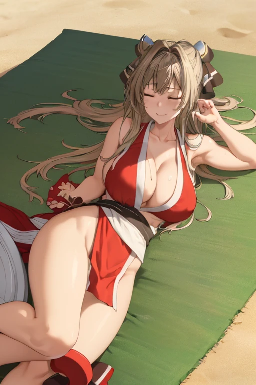 masterpiece, best quality, beautiful art, high resolution, well formed hands, body and fingers, 1 woman, solo, Sento Isuzu, adult, big breasted, cleavage, full body, cosplaying as Mai Shiranui, long hair , hair ornament, gorgeous legs and thighs, ryona , in peril, , defeated , knocked out, passed out, unconscious, closed eyes, laying down on the sand, exposed extended body, sexy defeated pose, sexy smirk on her face, showing vulnerability and helplessness, defeat and KO scene, martial arts tournament on the beach