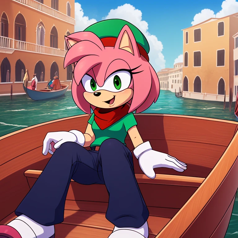 (Amy rose), full-length portrait, , (masterpiece, 4K) ((glistening body)) excellent quality, intricate detail, smooth lighting, 4k quality, ultra-detailed, subsurface scattering, ambient light, sharp focus, ((Italian hat, white beret, pantaloni pants, white pants, red maglione shirt)) ((expressive eyes, eyes shading)) ((Venice background, River, boats, bridge of rock, white gloves)) (border, sega, mammal, eulipotyphlan, white_border, tanlines, pink_body, solo, cub, youjomodoki, anthro,(green_eyes), full body, (face and bottom Focus, open smiles, expressive face), female, cream_fur, multicolored fur, ((sunny day, clouds, clouds shading)), ((sitting in boat)), Italy background, red hairband, red scarf