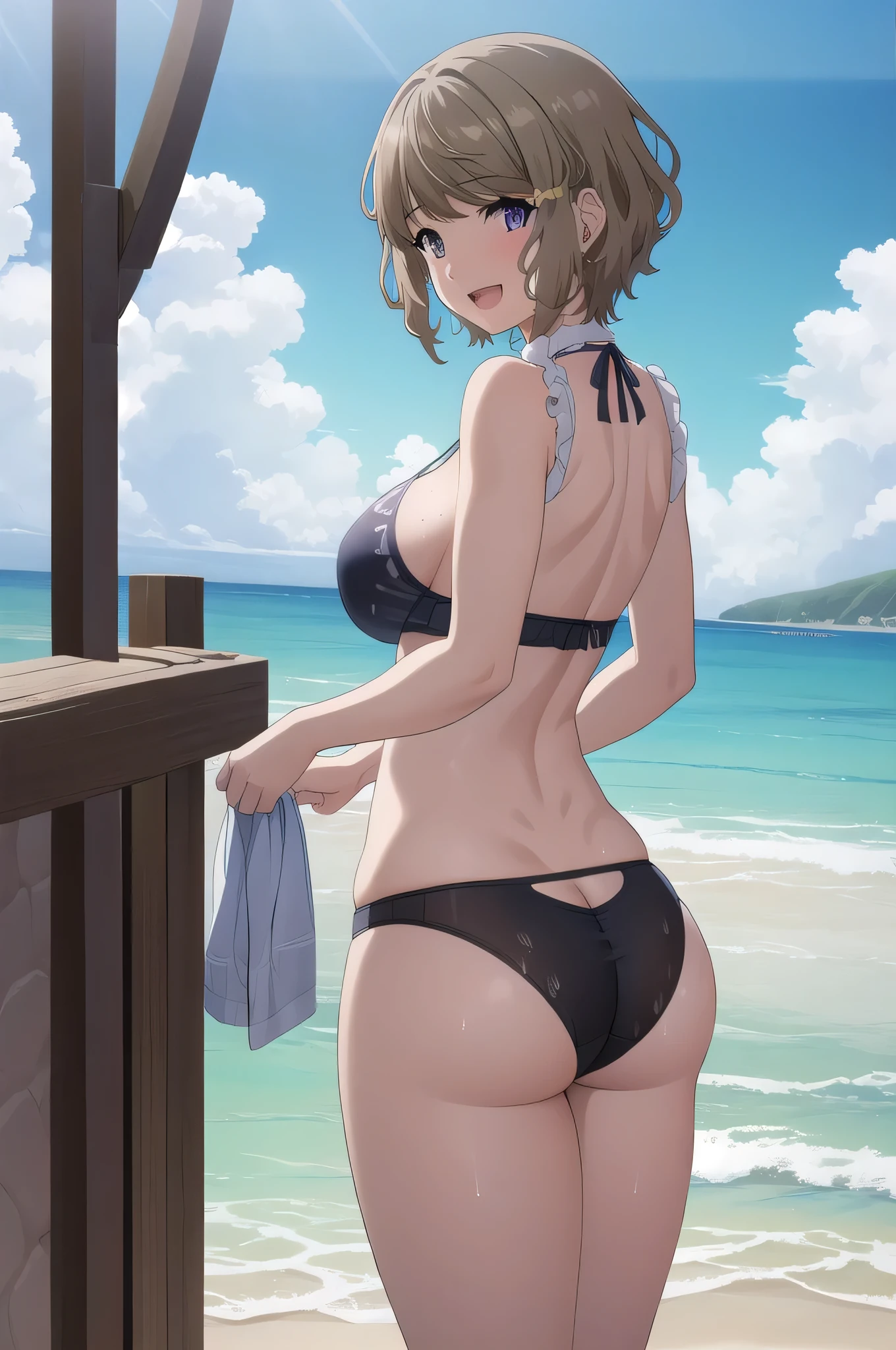 ((masterpiece)),(best quality),official art,extremely detailed CG,unity 8k wallpaper,ultra detailed, best quality, (masterpiece:1.2), highly detailed, adult, 18, sunny, beach, ocean, water, sand, waves, palm trees 1girl, solo, looking at viewer, large breasts, smile, open mouth, short hair, cleavage, purple bikini, curvy, wet, huge breasts, thick thighs, big ass, cameltoes, nipples hard, see through top, wet breasts, big butt, bug ass, backside shot, bent forward, poking ass out, rear pov