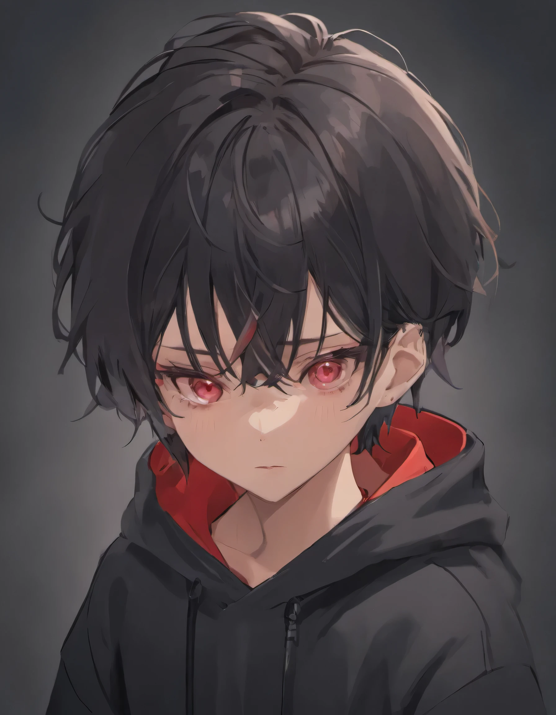 A young man in his 16s,with fair skin, Red eyes, Eye details high quality 4k,Black hair,Double bangs wear a hoodie,Sit in front of the computer,(((tmasterpiece),(Very detailed CG unity 8k wallpaper),best qualtiy,solo,1man,cinmatic lighting,detailed back ground,beatiful detailed eyes,Bright pupils,(very fine and beautiful),(Beautiful and detailed eye description),ultra - detailed,tmasterpiece,))