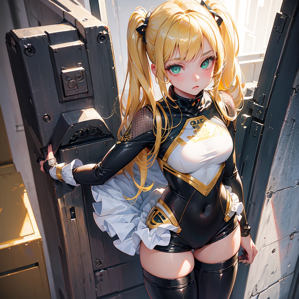 masterpiece, best quality, ultra-detailed, illustration, (1girl), beautiful detailed eyes, looking at viewer, (close up:0.9), gold hair, Twin tails, hot pants, mesh inner 、white knee socks, green eyes, black inner、standing、rubber suits、red skirt