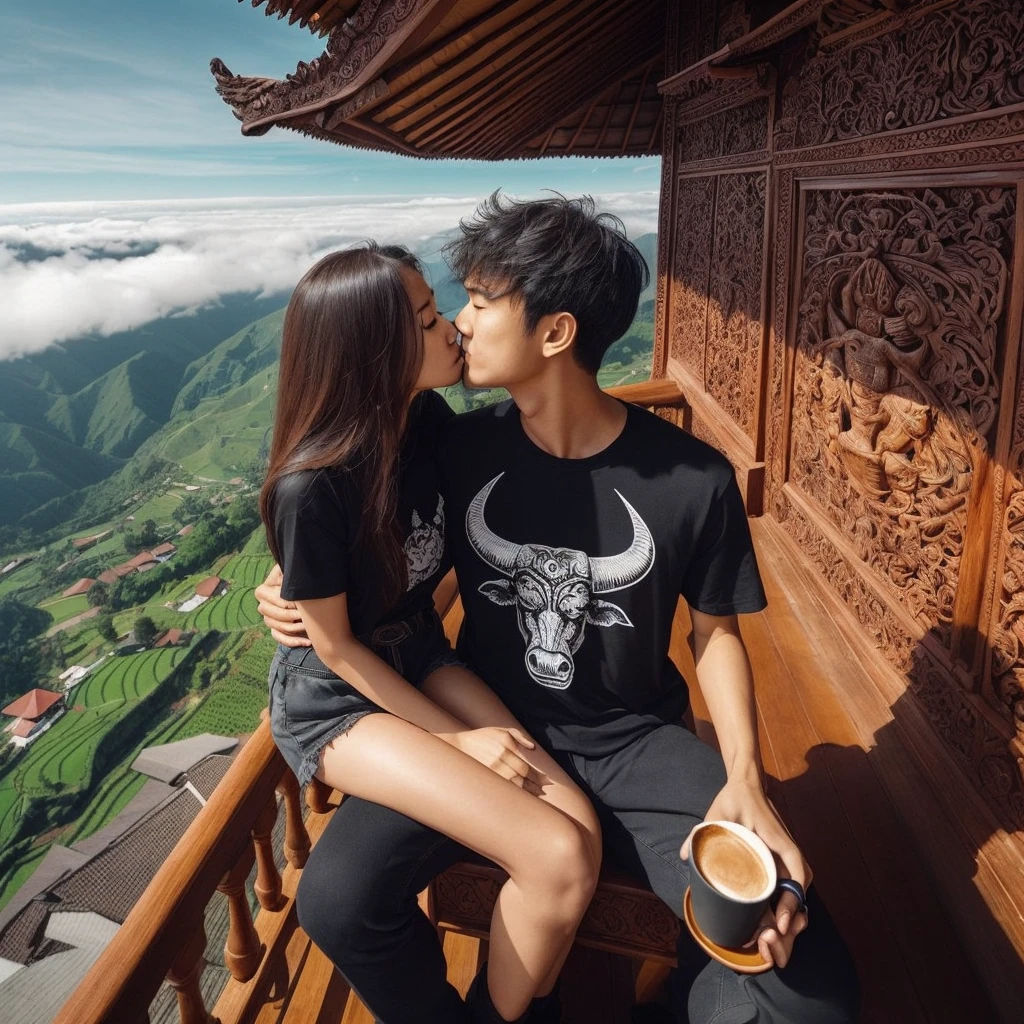 Bird Eye View an Indonesian Girl and Young Man With A Same Height Of 160 Centimeters, Wearing A Black T-Shirt With A Bull's Head Images On T-Shirt. Carrying A Cup Of Coffee, Sitting In Front Of The Terrace Of A joglo full carving and relief House, With A Beautiful blue sky View With Sunny Weather.