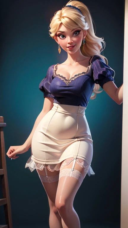 (best quality, 8k, masterpiece, ultra-detailed),vintage colors,woman 25 years-old pin-up,blonde straight hair,bangs,beautiful detailed face, big eyelashes,ponytail,little smile,jewerly,((((summer dres printeded)))),garter belts,photographic studio scenario