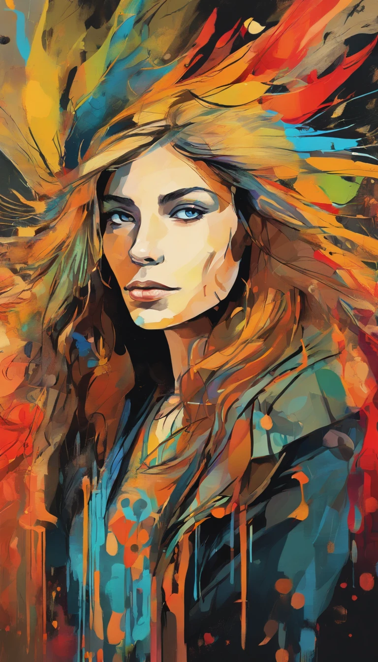 Front view of the scene; details in 8k; precision in details; Pablo Picasso style drawing. (((Wood Splash Style 1.4))); high color contrast; Abstract artistic design textured background Super detailed splash art modern European painting Ink; a light brunette woman with long, wavy hair wearing square glasses, a woman smiling with red lipstick, a thinner, slightly rounded face with slight dimples near her mouth; wearing a black coat with a yellow t-shirt underneath looking to the right, A stylized graphic portrait of ean-Michel Basquiat, background graphic from Futura 2000, with vibrant RGB color glow. no shadows, full design, green, red.yellow. black warm colors, sticker, bright colors, black background, t-shirt design, illustration, watercolor illustration, professional illustrator, best watercolor, watercolor ink and paints, alcohol ink, vibrant colors, perspective view, centered, lines of perspective. graffiti, doodling, Petra Cortright Comics, Best quality, art, Representative work, official art, professional, ultra intricate detailed,