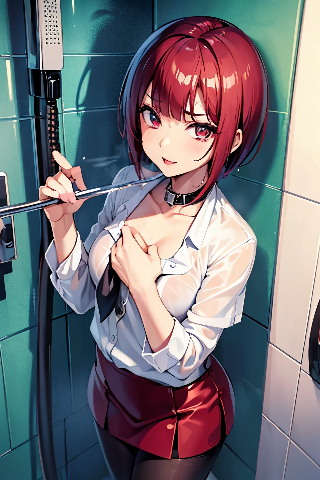 Rio, Super Blackjack、Red Hair、Short Hair、((blouse))、((pantyhose))、mini skirt、Photo from below、Medium chest、((shower room))、Rio・デ・カーニバル、((Get wet all over))、Black underwear