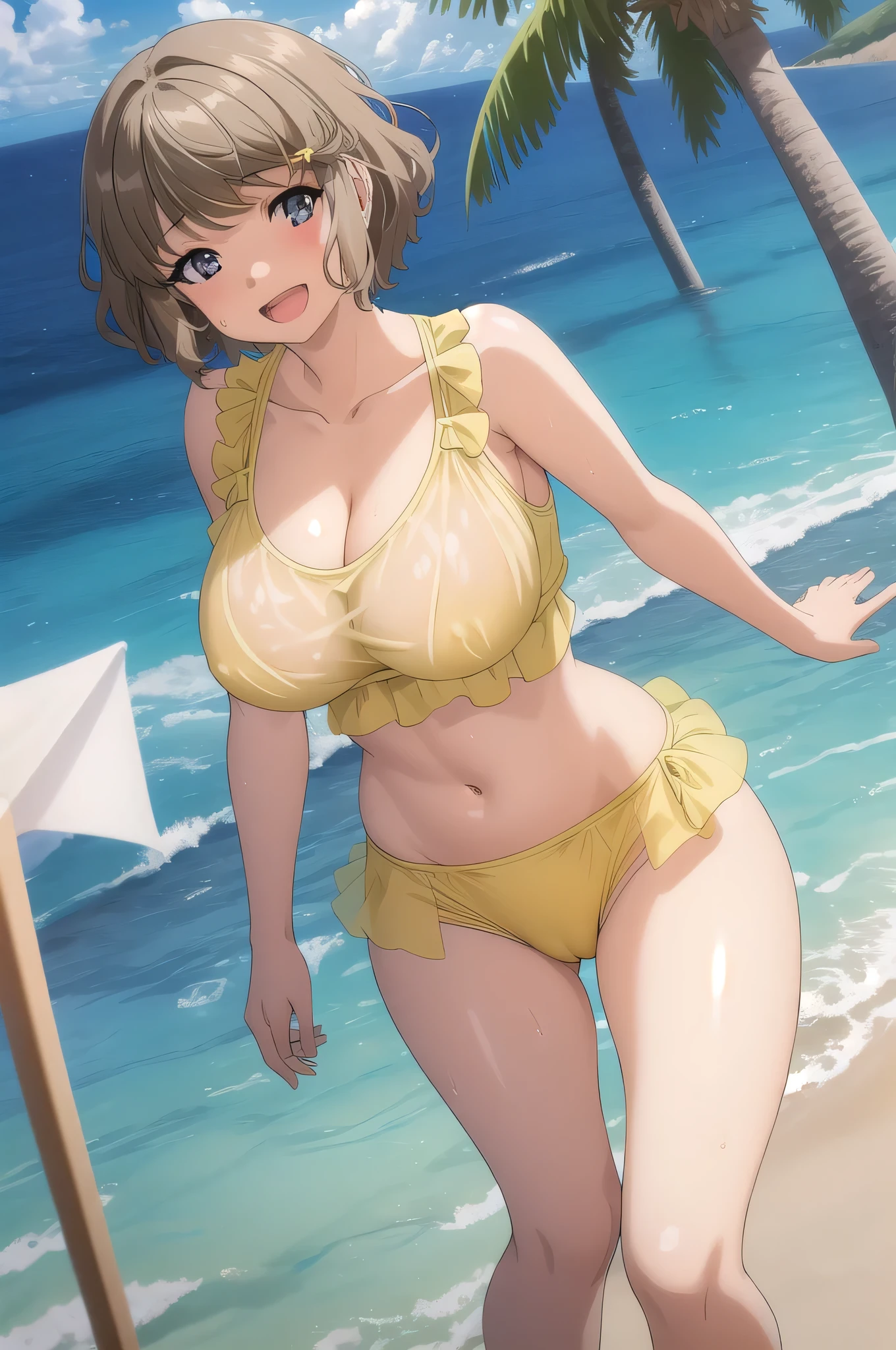 ((masterpiece)),(best quality),official art,extremely detailed CG,unity 8k wallpaper,ultra detailed, best quality, (masterpiece:1.2), highly detailed, adult, 18, sunny, beach, ocean, water, sand, waves, palm trees 1girl, solo, looking at viewer, large breasts, smile, open mouth, short hair, cleavage, yellow bikini, curvy, wet, huge breasts, thick thighs, big ass, cameltoes, nipples hard, see through top, wet breasts, big butt, bug ass, backside shot, bent forward, poking ass out, rear pov