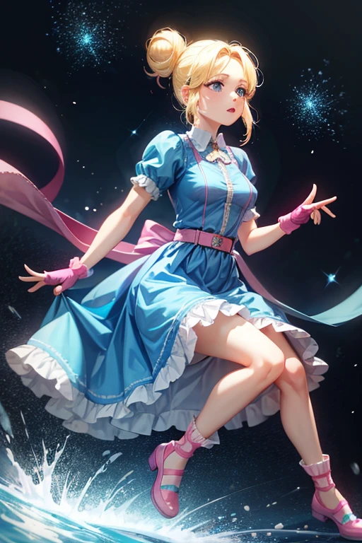 piperBS, 1girl, blonde hair, hair bun, blue dress, puffy sleeves, short sleeves, pink gloves, fingerless gloves, pink belt, shoes, blue footwear