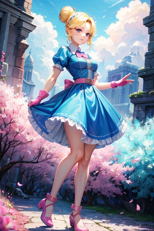 piperBS, 1girl, blonde hair, hair bun, blue dress, puffy sleeves, short sleeves, pink gloves, fingerless gloves, pink belt, shoes, blue footwear