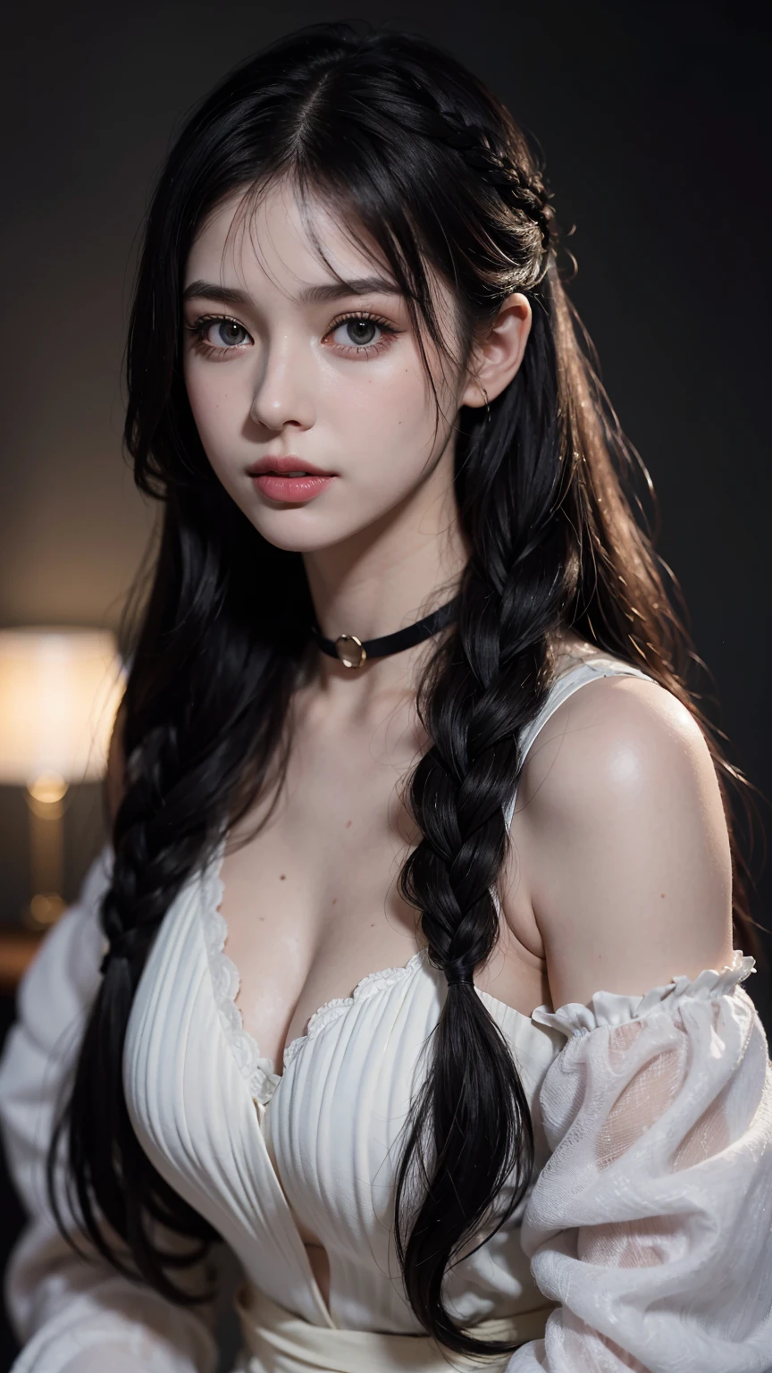 (RAW photo, best quality), ((Nostalgia,1980s syle)),(A girl with a literary atmosphere:1.2),(realistic, photo-realistic:1.3), (long wavy hair with braid), choker,very pale skin,Ultra Detailed Face, Detailed Lips, black lipstick, Fine Eyes, double eyelids, tight goth clothes, extremely delicate and beautiful, Amazing, finely detail, masterpiece, ultra-detailed, highres,best illustration, best shadow,intricate,depth of field,(closeup portrait of a young beautiful woman:1.2),long hair, ponytail, messy hair,((((low key,dark scene,dimly lit)))),(((soft lighting:1.4))),(pale skin:1.4),(shy smile),(cinematic angle),sharp focus, volumetric fog, 8k UHD, DSLR, high quality,( film grain:1.4), Fujifilm XT3,(looking at viewer), pale skin