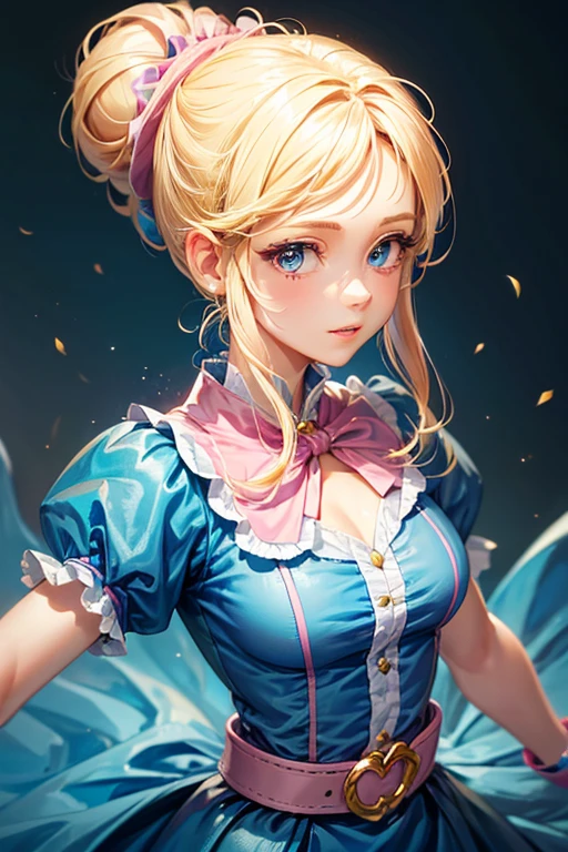 A girl with blonde hair wearing a blue dress and puffy sleeves, her hair is tied up in a bun. She is also wearing pink fingerless gloves, a pink belt, and blue footwear. The girl has a joyful expression on her face, with detailed and beautiful eyes, lips, and long eyelashes. The artwork is rendered in piperBS style, with high quality and ultra-detailed features. The colors are vivid and the lighting is balanced and natural.