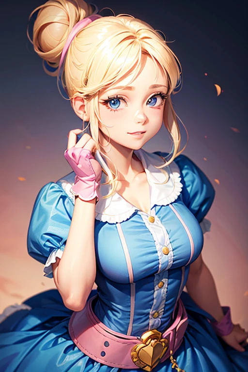 A girl with blonde hair wearing a blue dress and puffy sleeves, her hair is tied up in a bun. She is also wearing pink fingerless gloves, a pink belt, and blue footwear. The girl has a joyful expression on her face, with detailed and beautiful eyes, lips, and long eyelashes. The artwork is rendered in piperBS style, with high quality and ultra-detailed features. The colors are vivid and the lighting is balanced and natural.