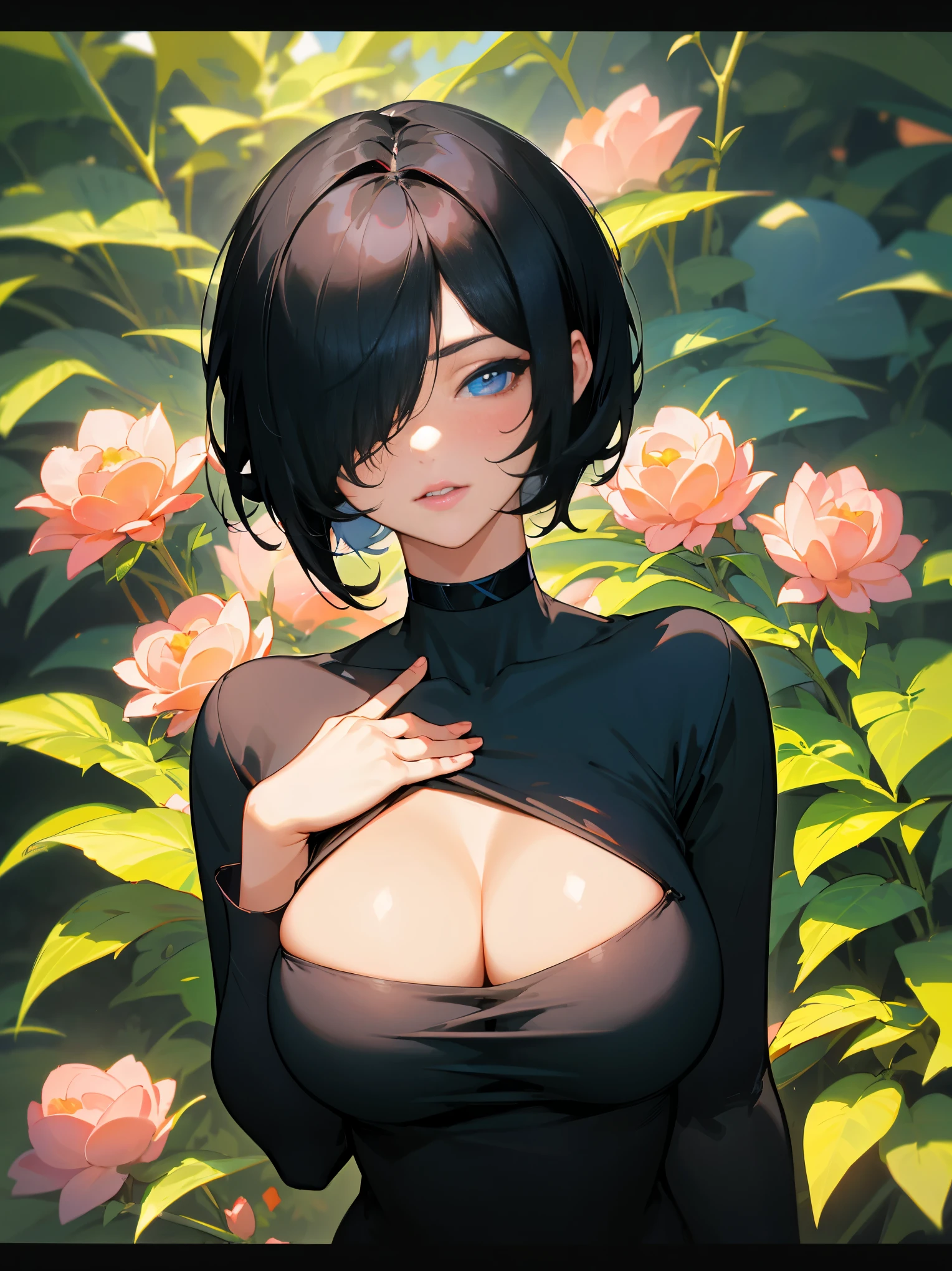 Big breasts, 1woman, ((short black hair, hair over one eye)) blue eyes, black long sleeve t-shirt, black choker, solo, best quality, masterpiece, portrait, 1result, vibrant, detailed, perfect anatomy, art detailed, high definition, 4k, high resolution, full peach lips, flirting with the viewer, sensual pose, in the garden