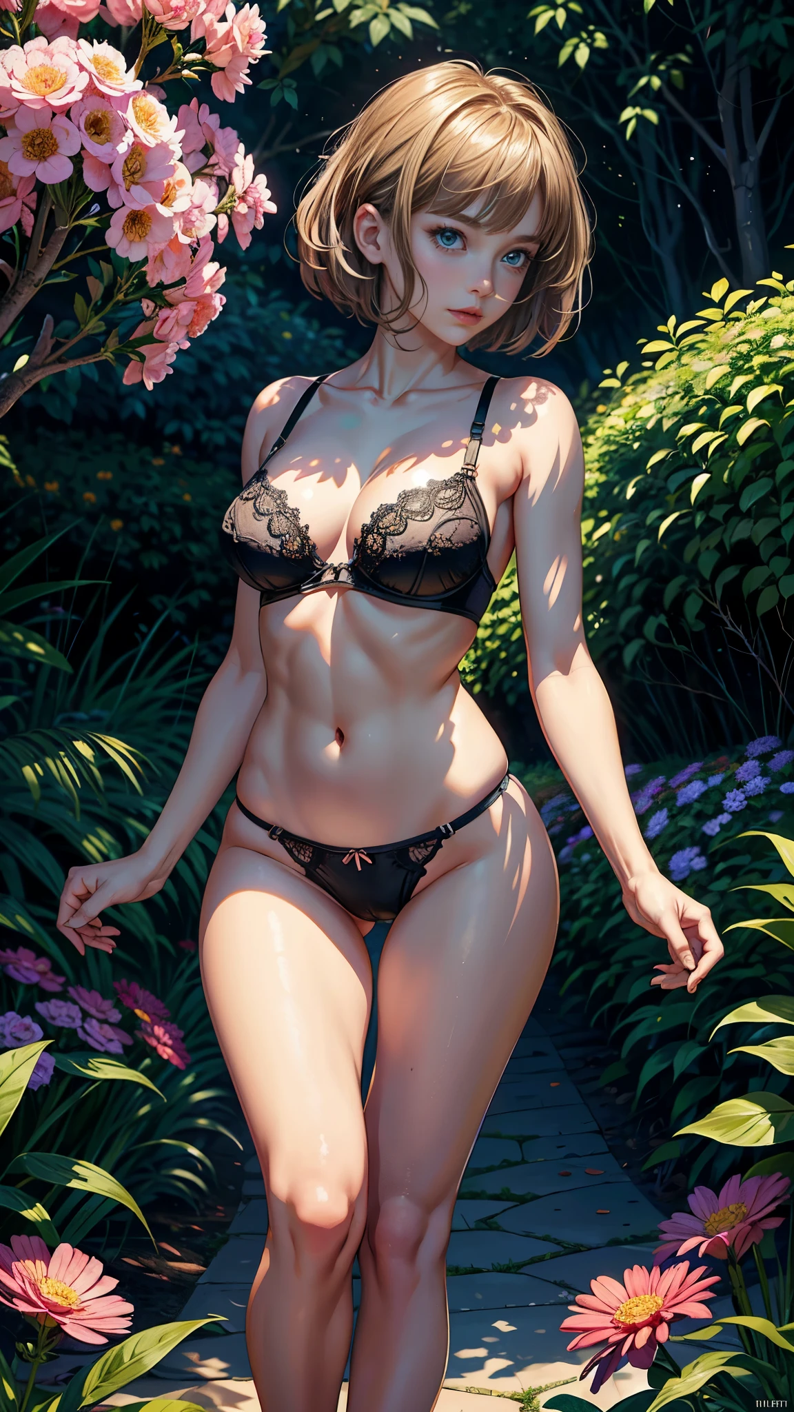 (Raw photo:1.2), (Photorealistic), Beautiful detailed girl, Very detailed eyes and face, Beautiful detailed eyes, Huge file size, High resolution, Very detailed, Best Quality, [masterpiece:1.6], Illustration, Very detailed, Fine detail, Best Quality, 32K Wallpaper, intricate details, in the garden, colorful flowers, beautiful young woman, short height, pixie cur hair, medium breast, low cut panties and bra, full body photo, cameltoe, back view
