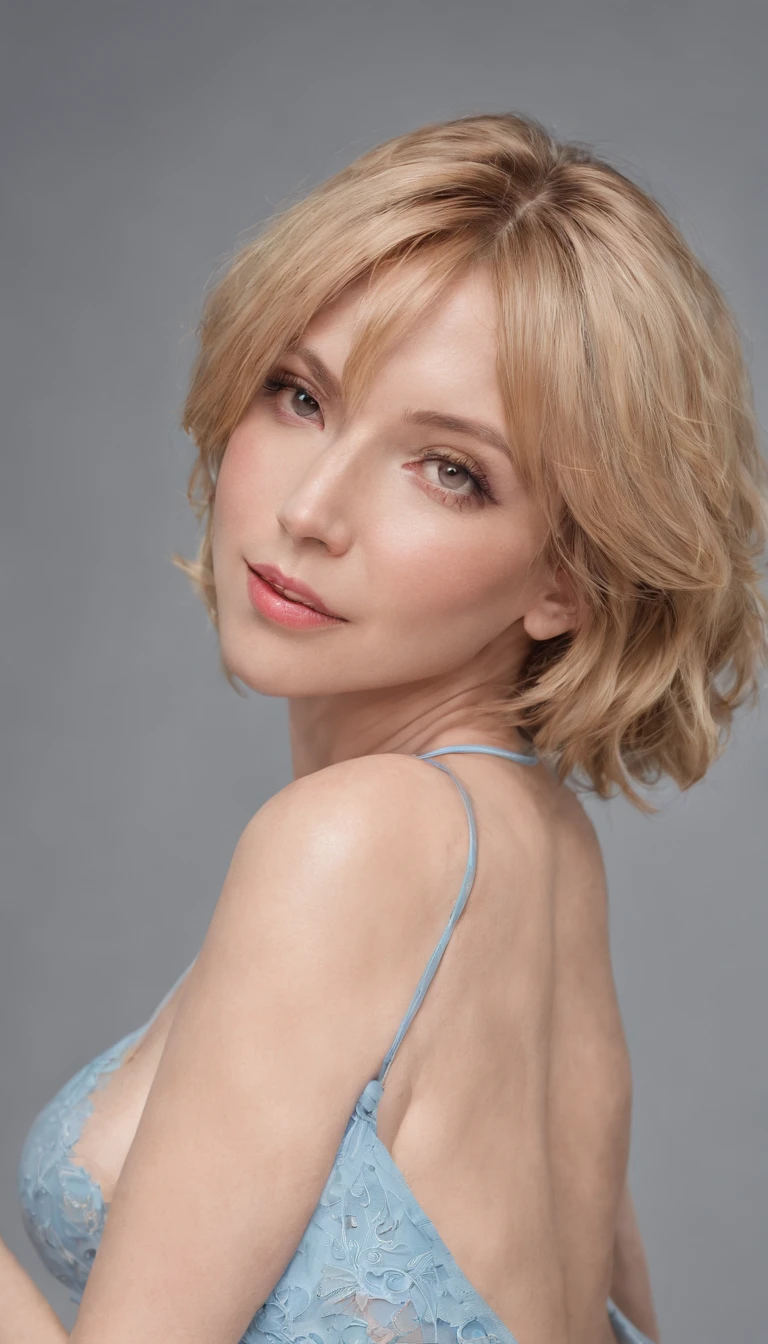 1 mature sexy , 38 years old, dutch sexy look milf woman, soft lighting, masterpiece, highest quality, 8K UHD, whole body, short bob cut dark blonde hair,(((facing the front))), excellent body proportions, Clean and beautiful face,grin,sky blue wet lingerie, damp, boobsy, booty, cleavage, full body waist up pose , anatomically correct , detail body, detail hair, detail breasts , 8K, ultra-detailed
