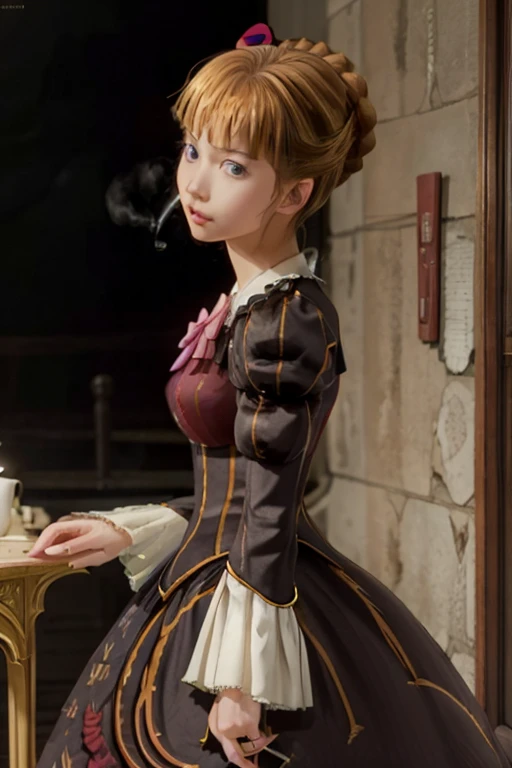 Portraitof a beautiful woman, with black dress,1girl, beatrice (umineko), solo, kiseru, blue eyes, smoking pipe, pink bow, blonde hair,k dress, side view looking at us, dress, eurasian