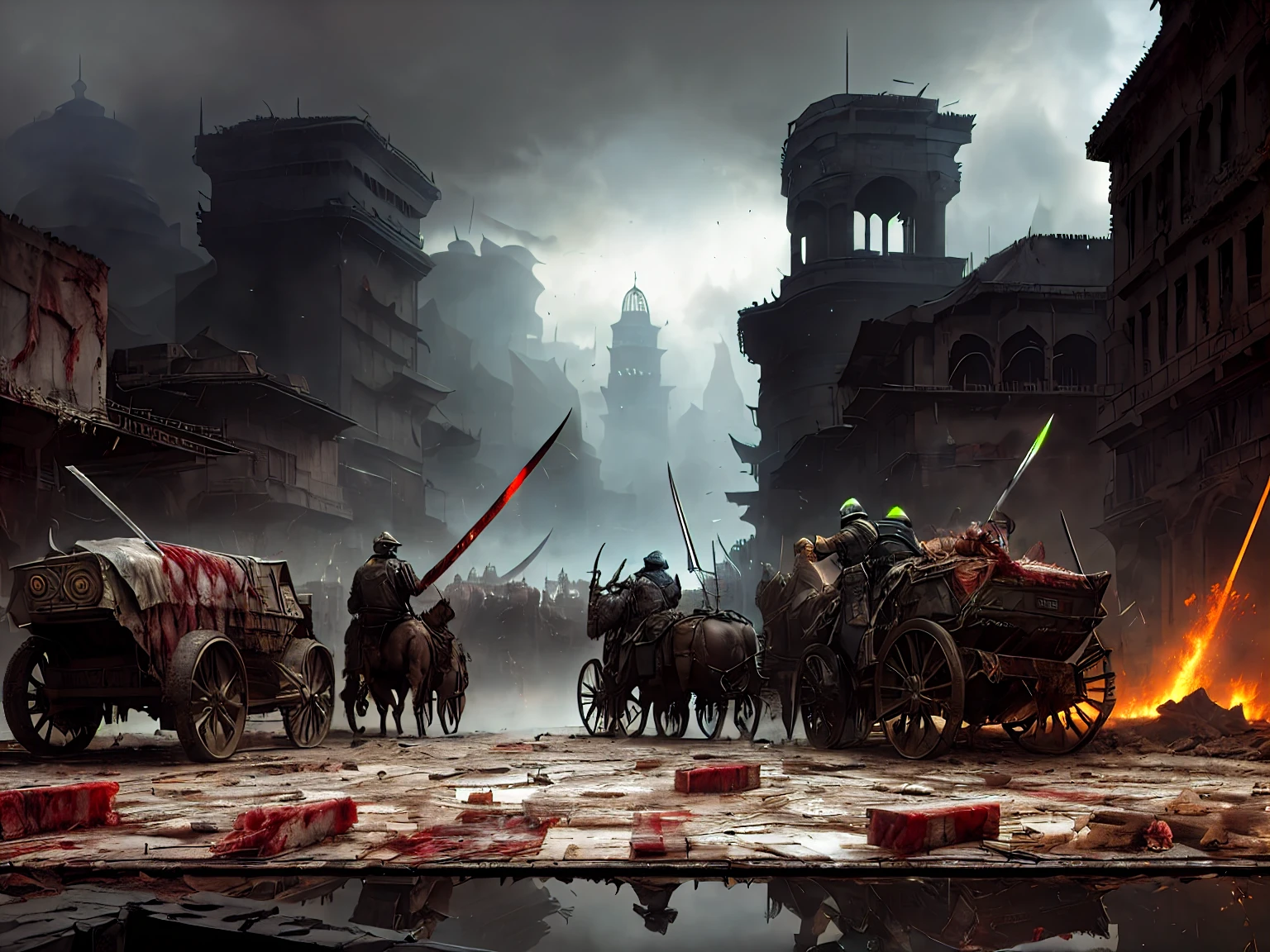 epic, hyperdetailed 3d matte painting, cinemascope panoramic, awe inspiring, colossal, landscape, ((close quarters fight, warriors)), battle, (( He drives his (chariot), there arose (((a night Dark with huge ((slaughter)) and with (crime)))), and groans As of a voice immense, and sound of alms As fell the wearer, and of (sword) on sword Crashed into fragments With a ready (hand) Caesar supplies the (weapon) and bids (strike) Full at the visage and with (lance) reversed Urges the flagging ranks and (stirs the fight), where flows (the nation's (blood)), where beats the (heart), Knowing he bids them spare the common herd,  But seek the senators, thus Rome (he strikes), Thus the last hold of  )), natural skin texture, muted colors,  sharp focus, ((((cinematic look)))), insane details, intricate details,  (clutter:1.3), (decay:1.3), (grit:1.3), (darkness), (grunge:1.3), (oozing pools of filth:1.3), art by greg rutkowski and by caravaggio and by moebius and by alphonse mucha and by David Teniers the Elder, pharsalia, angels and demons