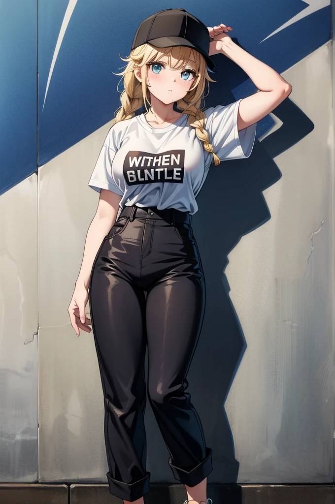 there is a beautiful girl posing in front of a wall covered with graffiti, 1girl, solo, blue eyes, breasts, shirt, hat, baseball cap, braid, pants, blonde hair, shirt tucked in, short sleeves, long hair, looking at viewer, shoes, black headwear, black footwear, high-waist pants, sneakers, twin braids, black shirt, blush, bangs, ass, large breasts